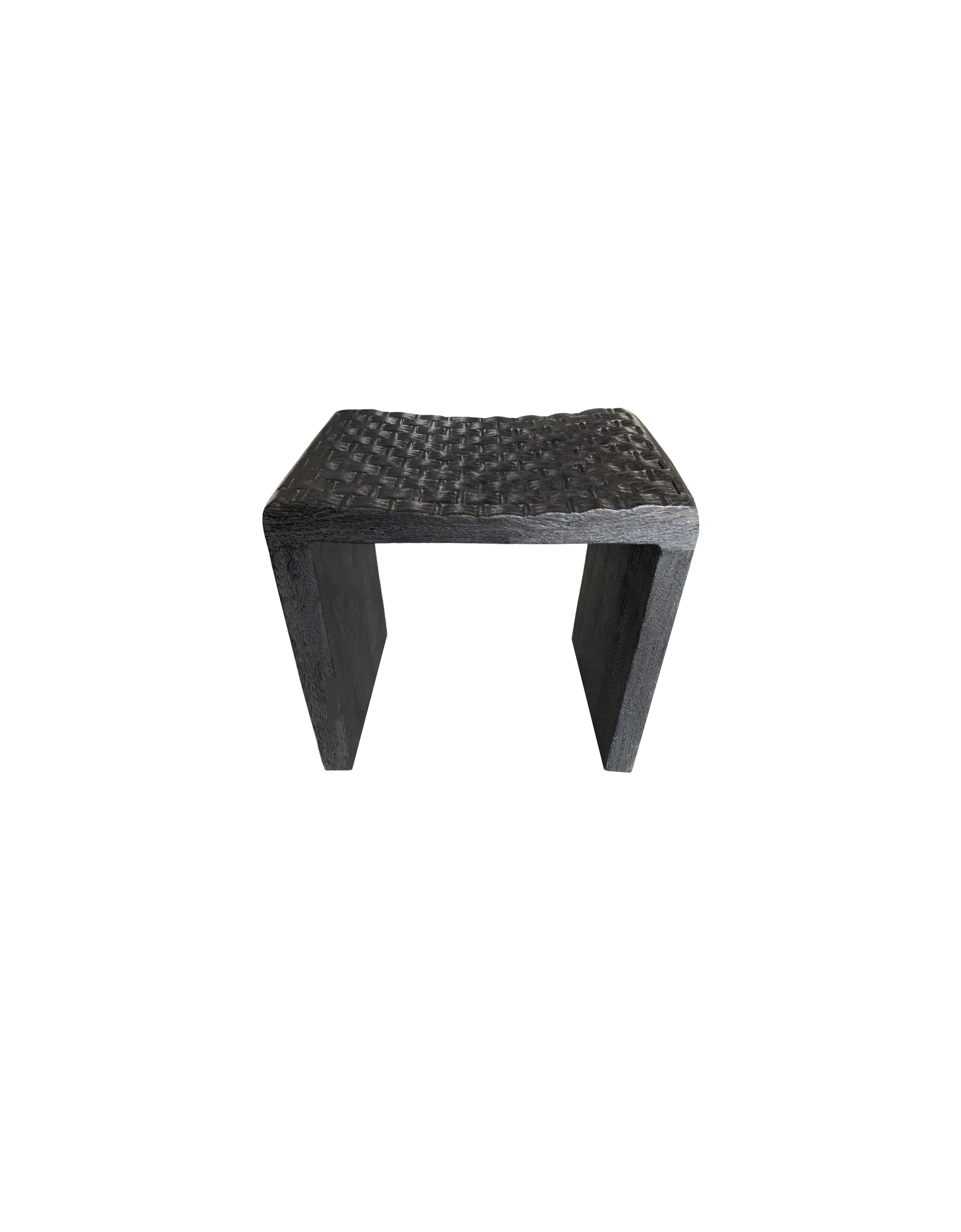 Hand-Crafted Sculptural Mango Wood Stool with Carved Detailing & Burnt Finish Modern Organic For Sale