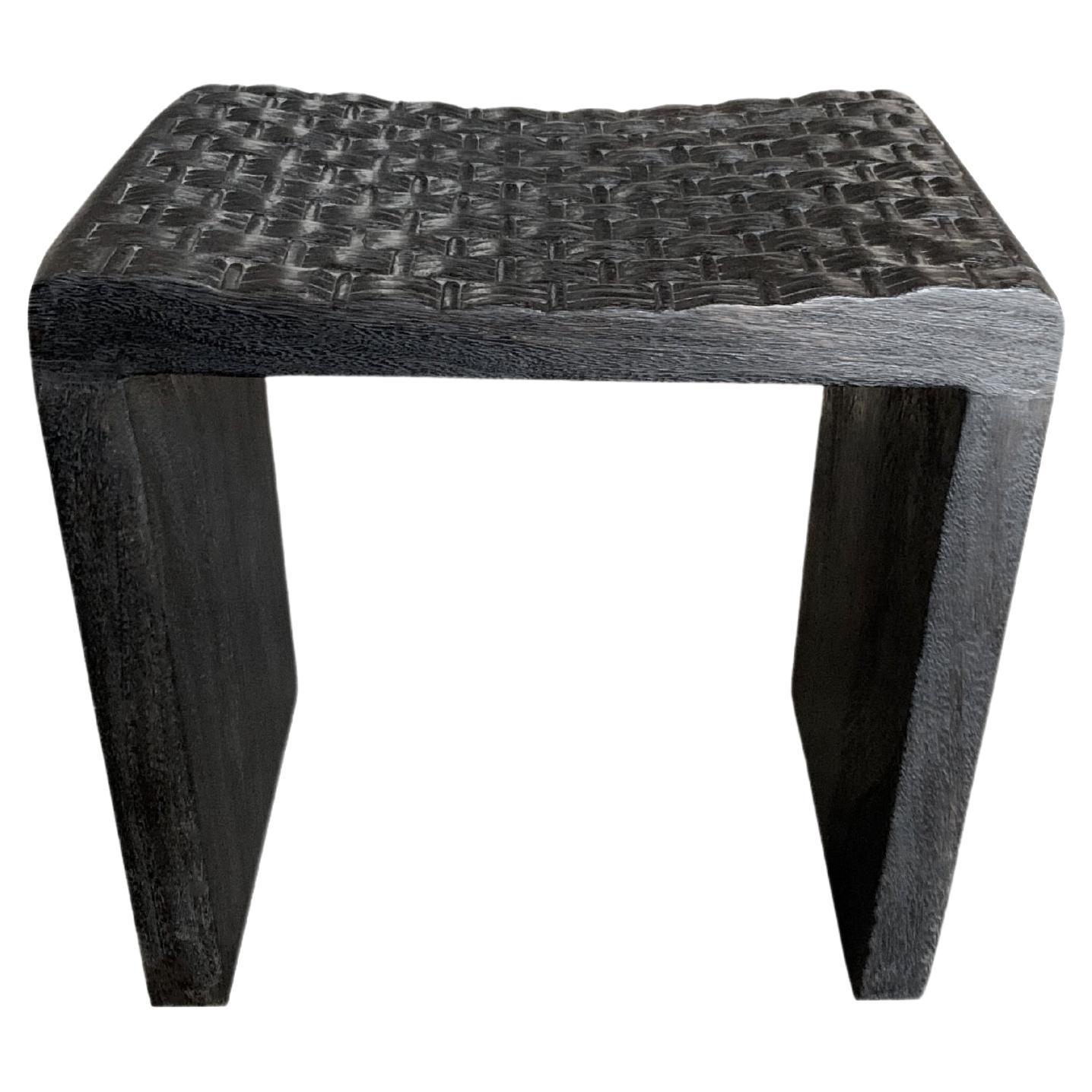 Sculptural Mango Wood Stool with Carved Detailing & Burnt Finish Modern Organic For Sale