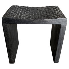 Sculptural Mango Wood Stool with Carved Detailing & Burnt Finish Modern Organic