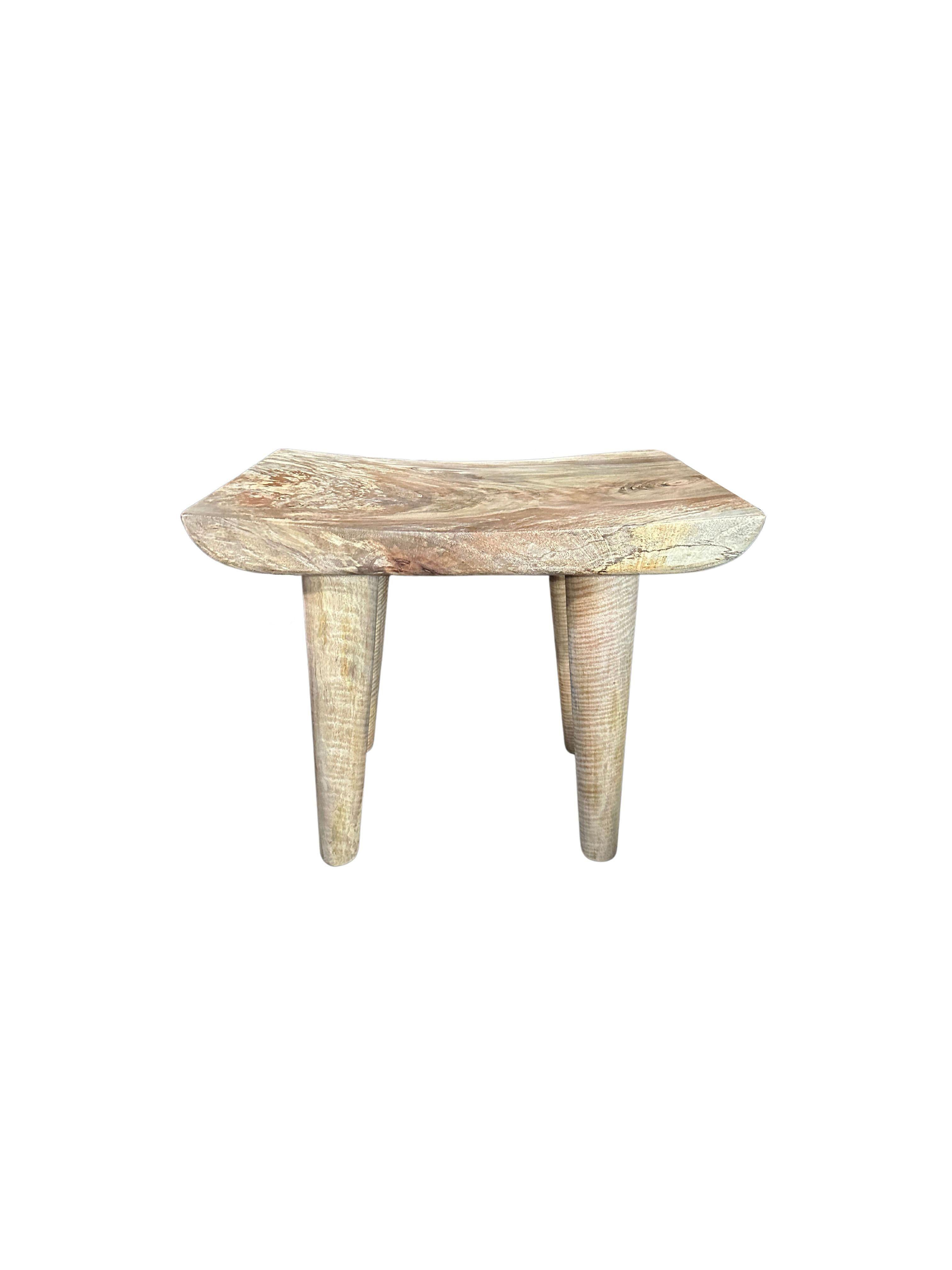 Organic Modern Sculptural Mango Wood Stool with Curved Seat, Natural Finish For Sale