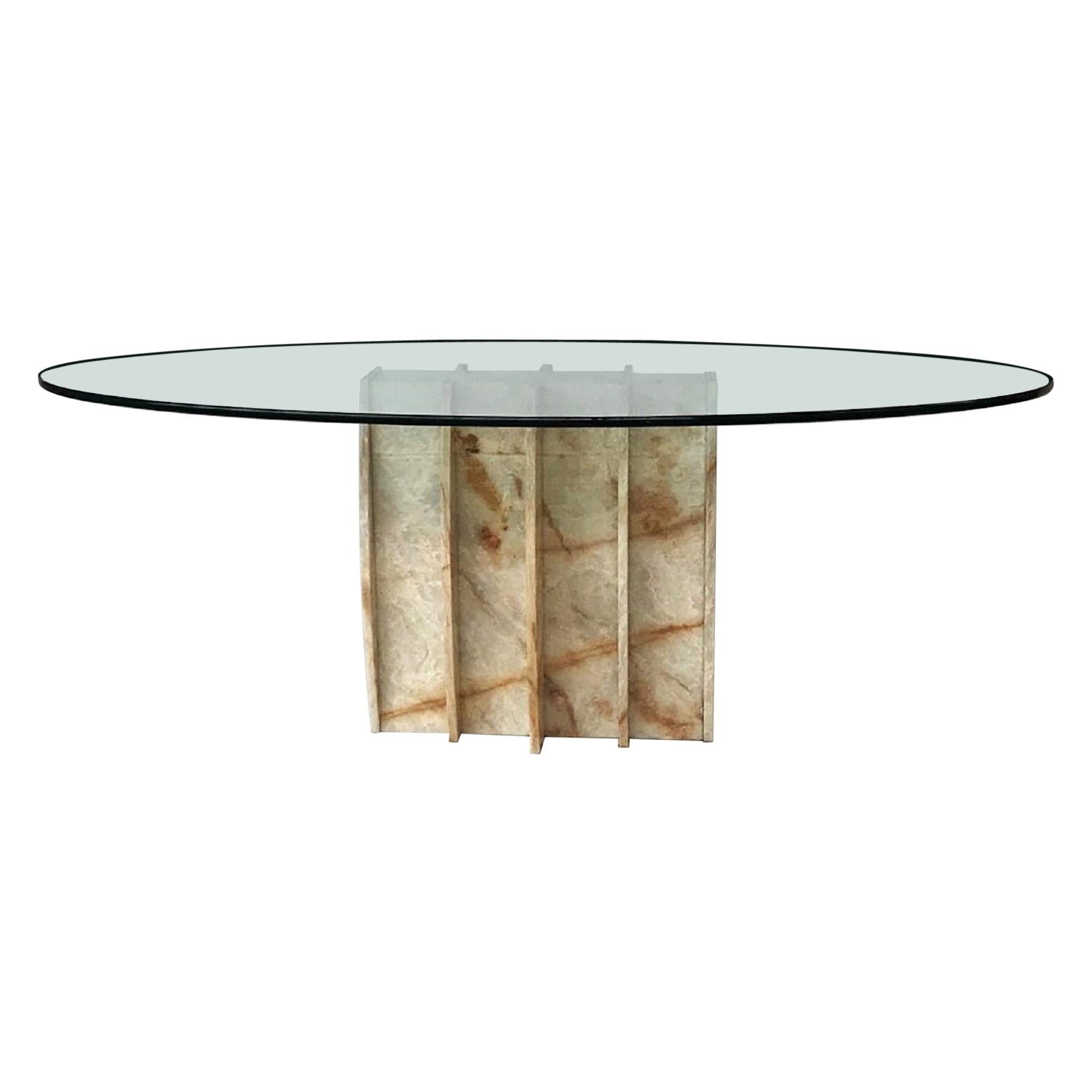 Sculptural Marble and Glass Top Oval Dining Table