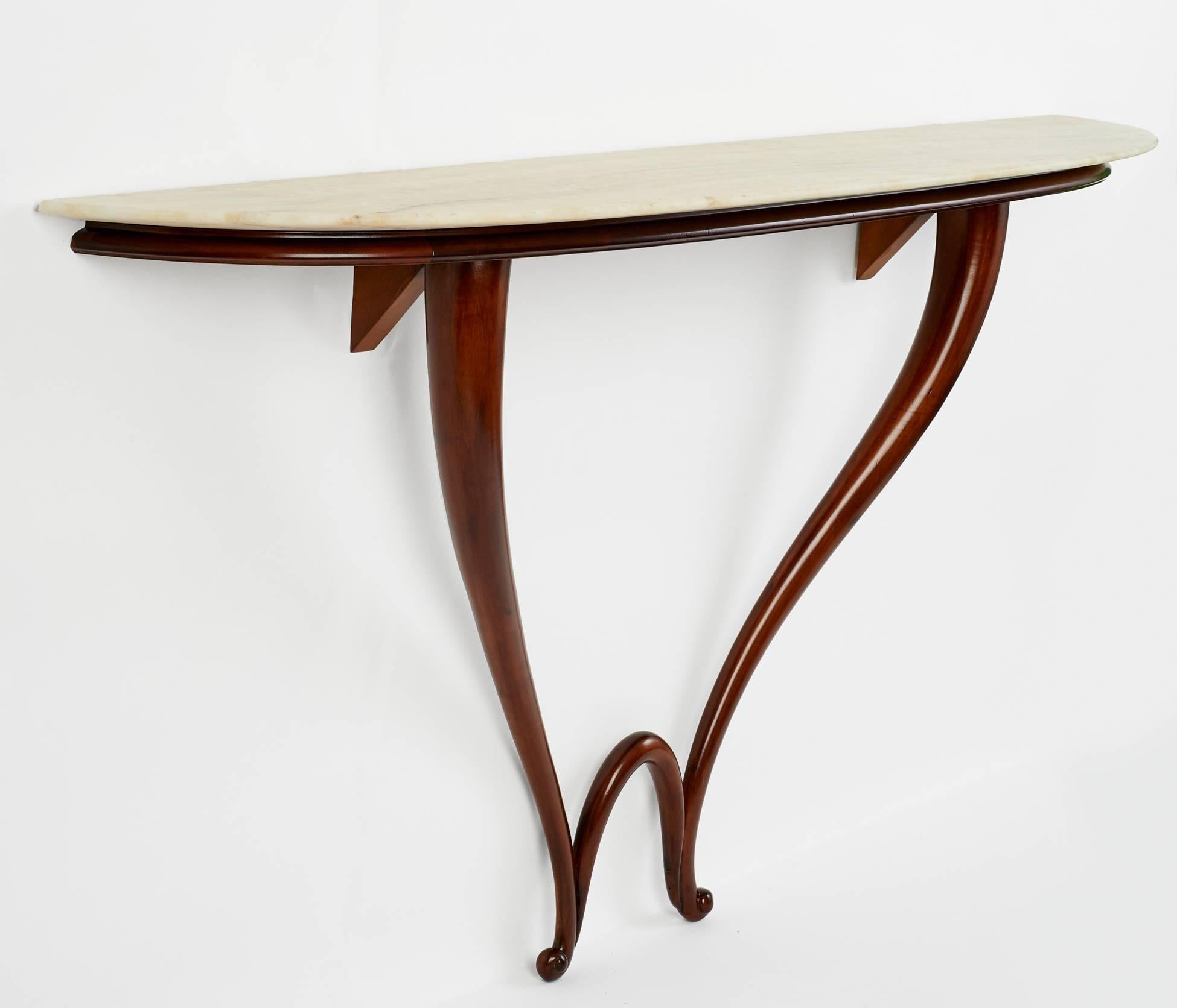 Mid-Century Modern Sculptural White Marble and Curved Mahogany Console ITSO Gio Ponti, Italy 1950's