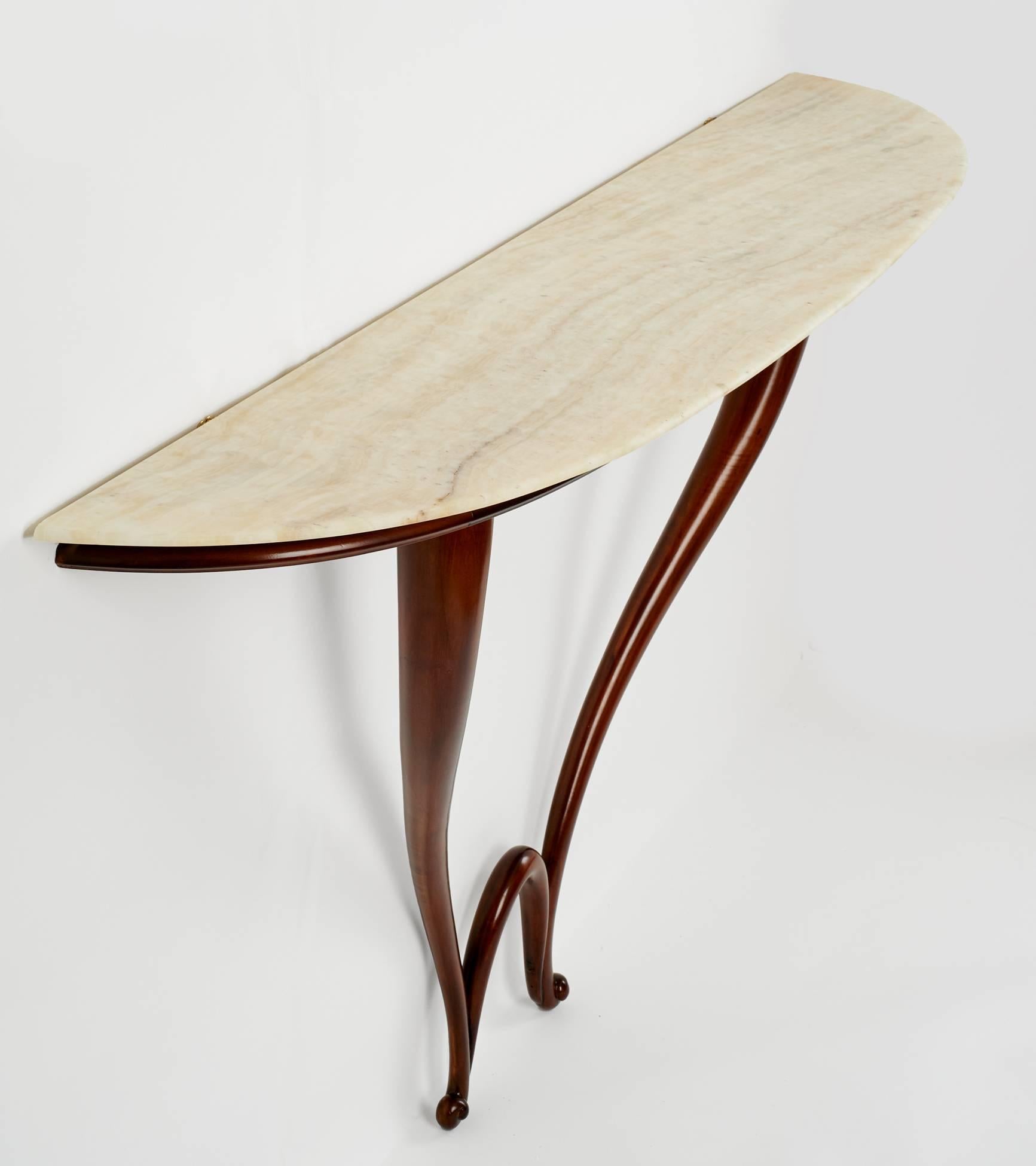 Italian Sculptural White Marble and Curved Mahogany Console ITSO Gio Ponti, Italy 1950's