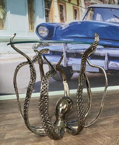 Sculptural Marine Nautical Octopus Side Table in Polished Nickel with Glass Top