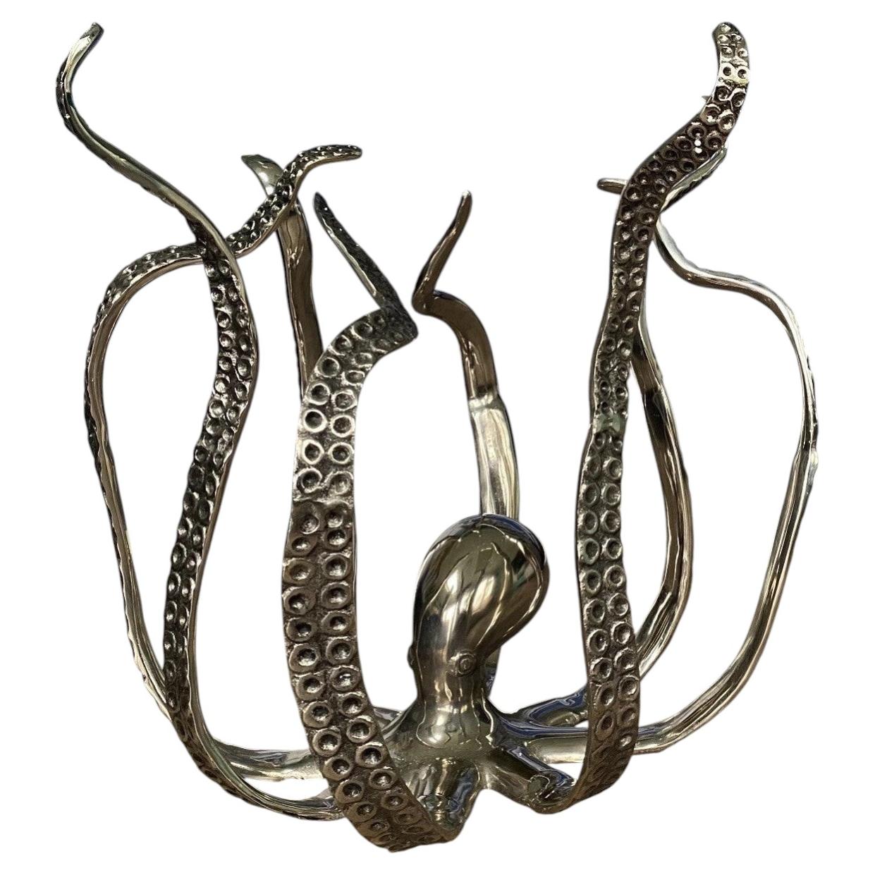 Sculptural Marine Nautical Octopus Side Table in Polished Nickel with Glass Top For Sale