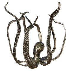 Sculptural Marine Nautical Octopus Side Table in Polished Nickel with Glass Top