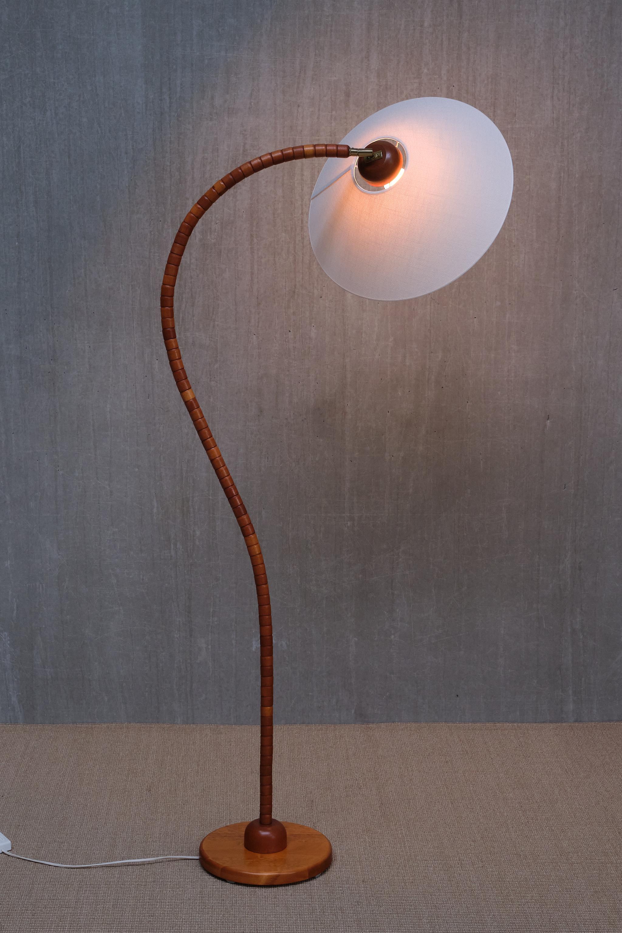 Brass Sculptural Markslöjd Floor Lamp in Beech Wood, Sweden, 1960s