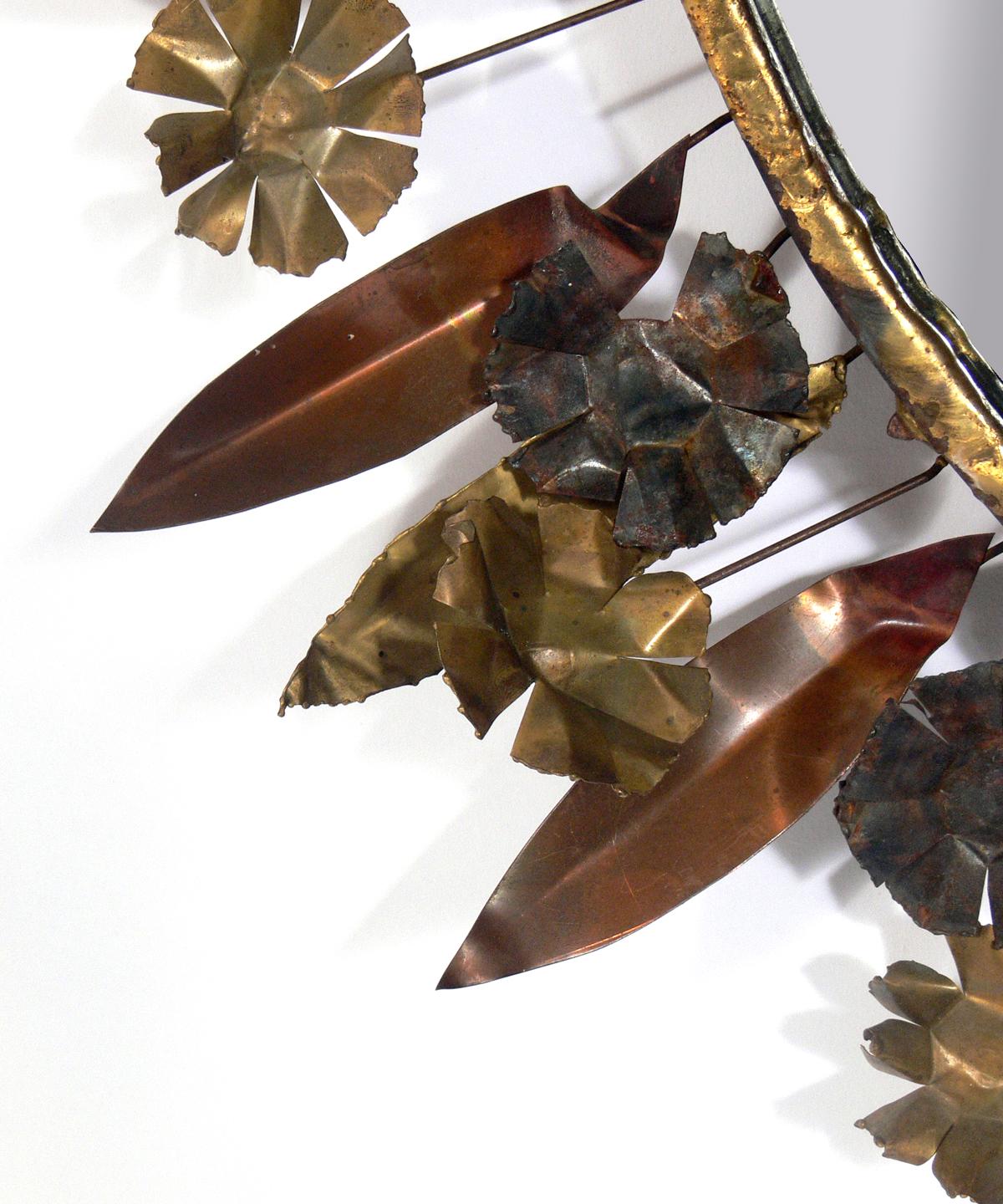 Mid-Century Modern Sculptural Metal Flowers and Leaves Mirror For Sale