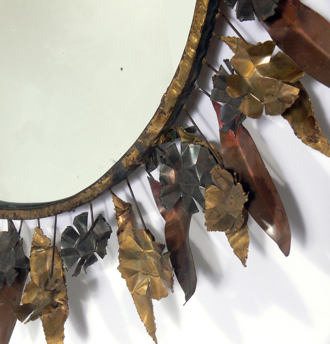 American Sculptural Metal Flowers and Leaves Mirror For Sale
