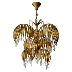 Sculptural Mid-Century Brass and Crystal Palm Tree Leaf Chandelier