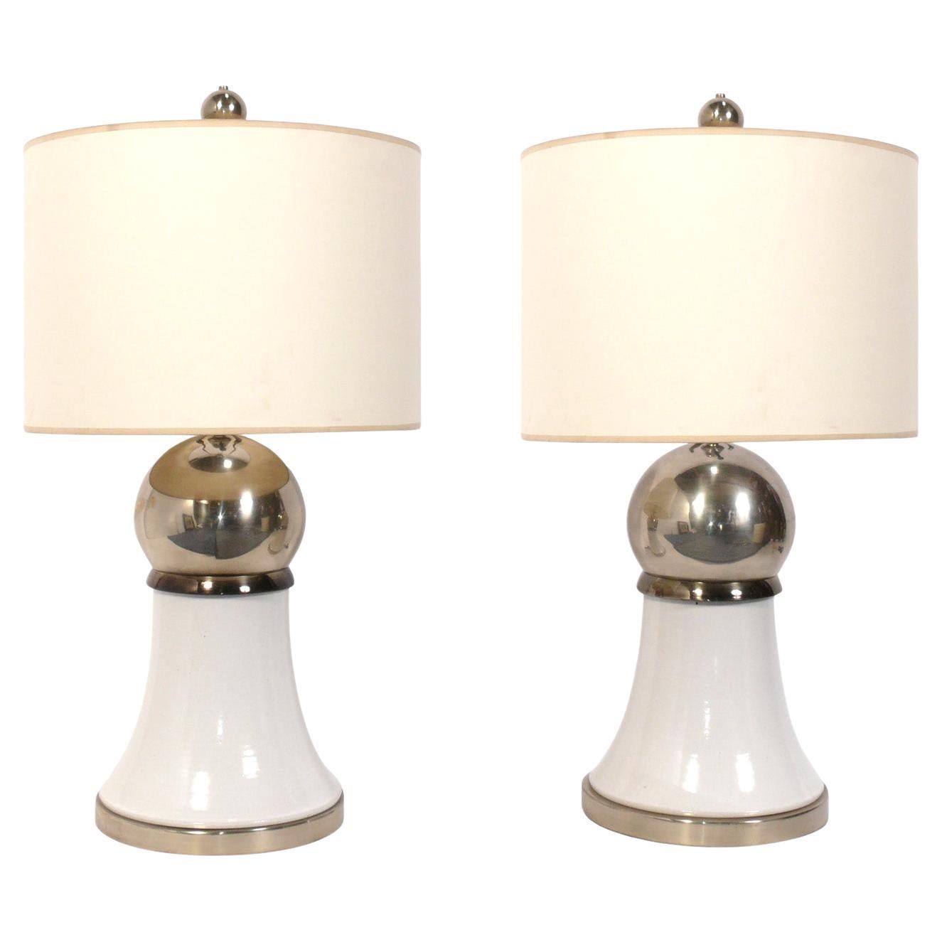 Sculptural Mid Century Ceramic Lamps in White and Chrome Glaze For Sale
