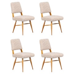 Sedie da pranzo scultoree di metà secolo in legno di frassino con tappezzeria in morbido tessuto beige.