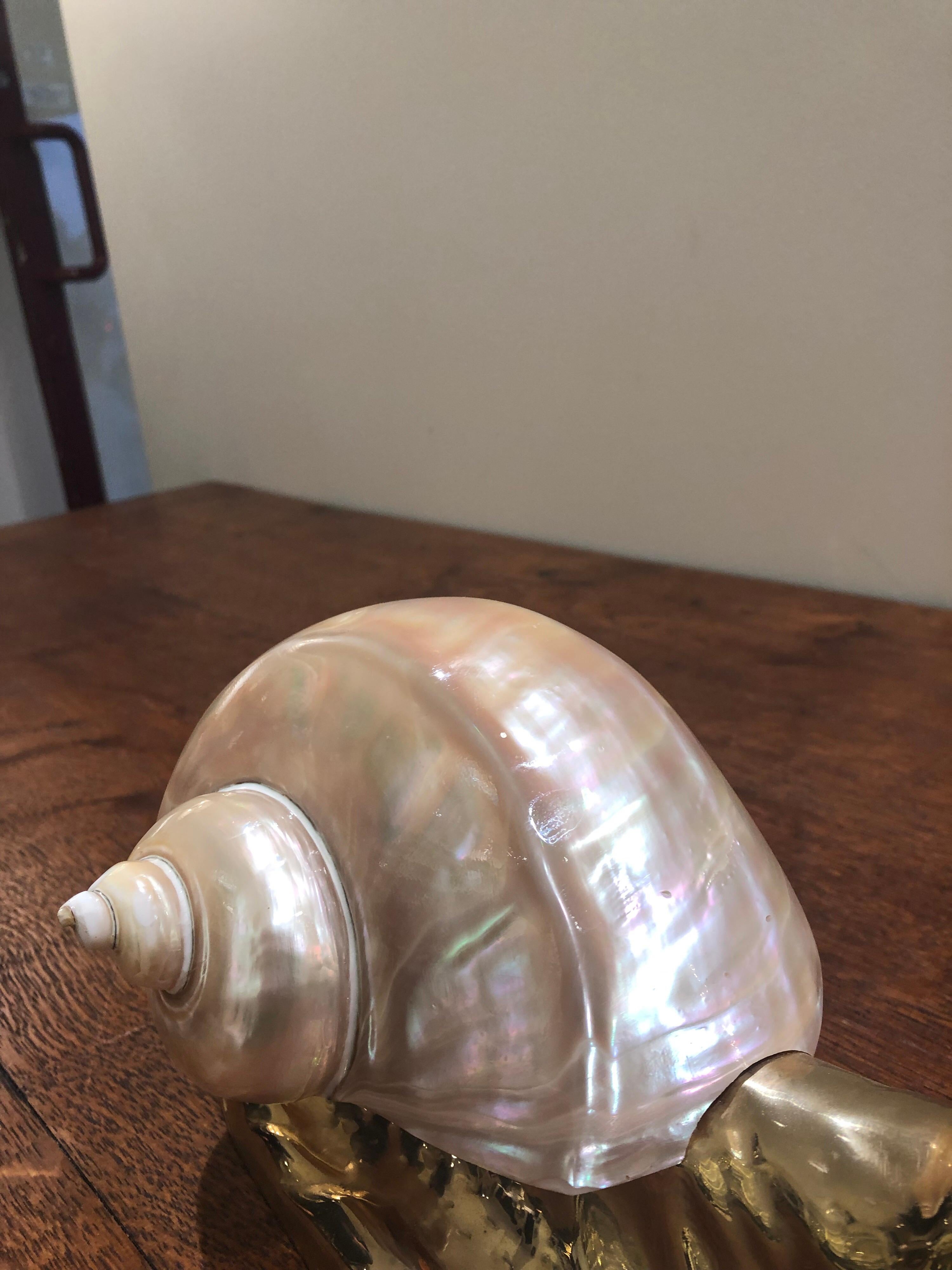 Hand-Crafted Mid Century Italian Brass and Shell Nautical Snail Art Sculpture 