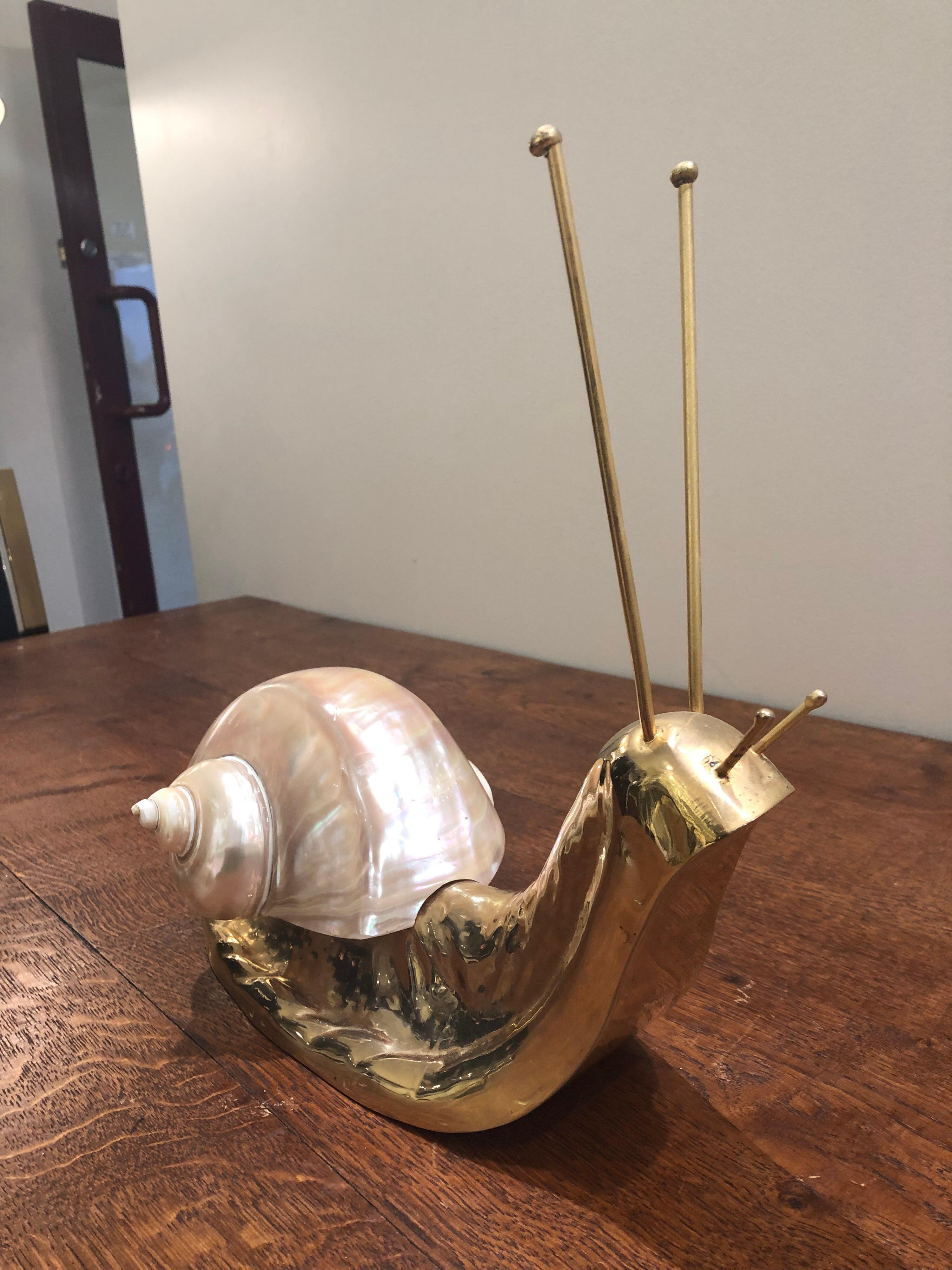 Mid Century Italian Brass and Shell Nautical Snail Art Sculpture  In Excellent Condition In London, GB