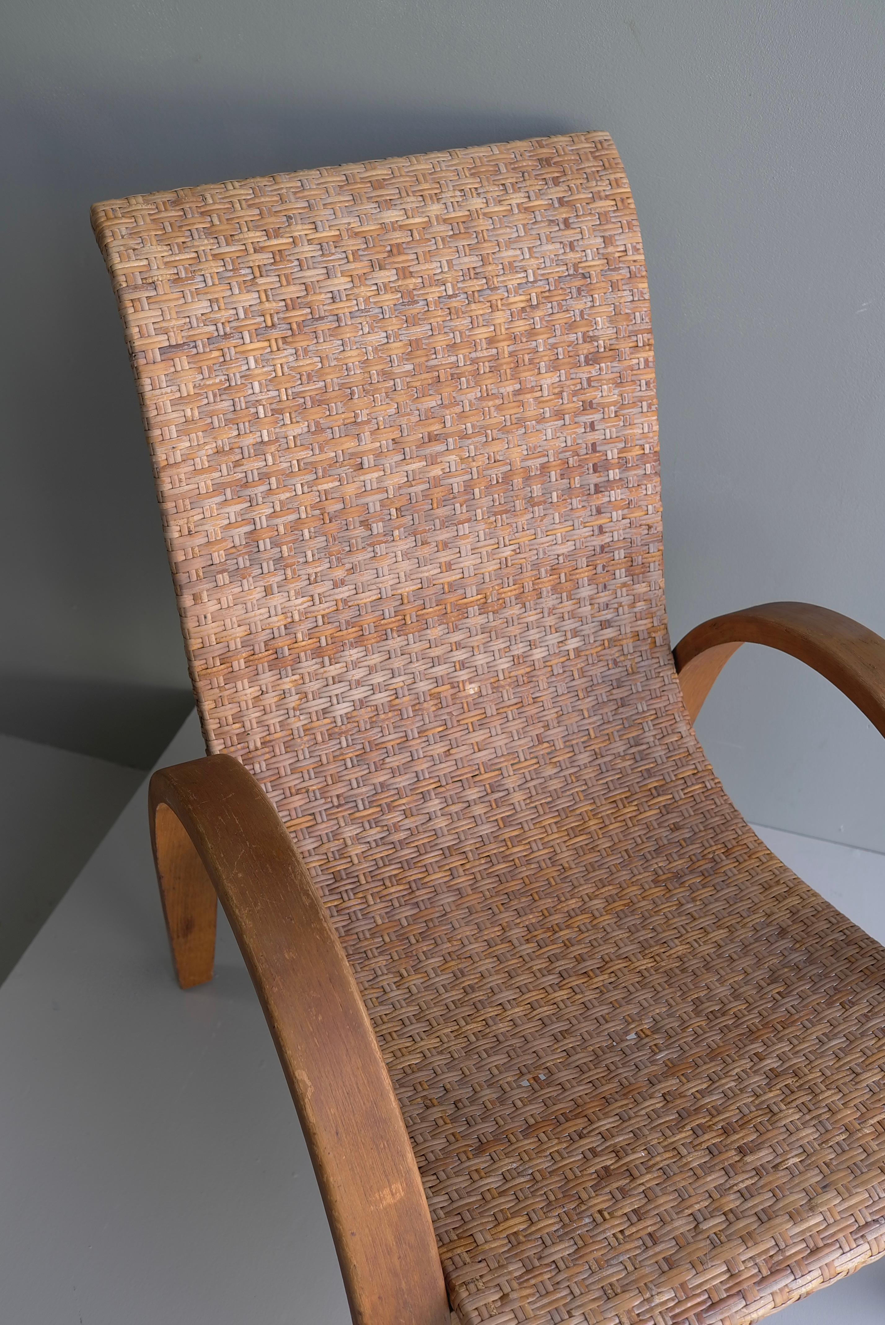 French Sculptural Mid-Century Modern Armchair in Wood and Cane, 1950's For Sale