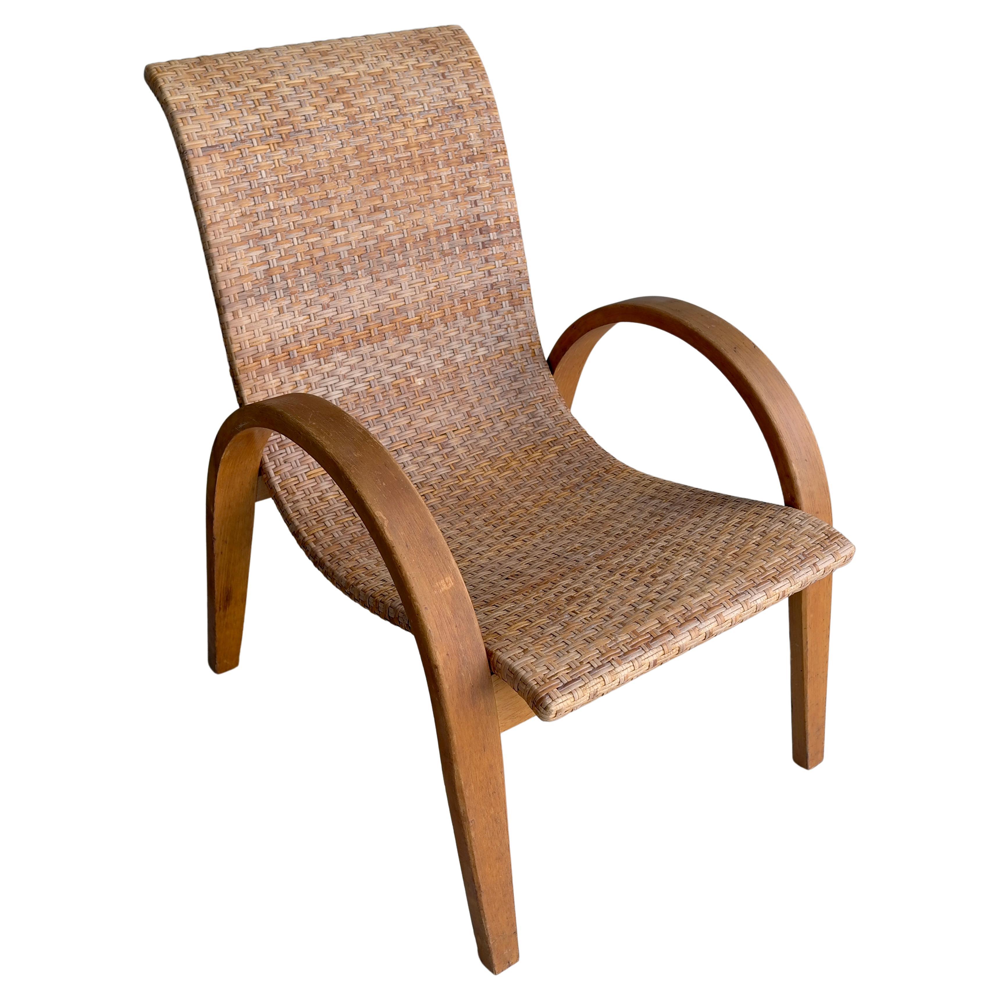 Sculptural Mid-Century Modern Armchair in Wood and Cane, 1950's For Sale