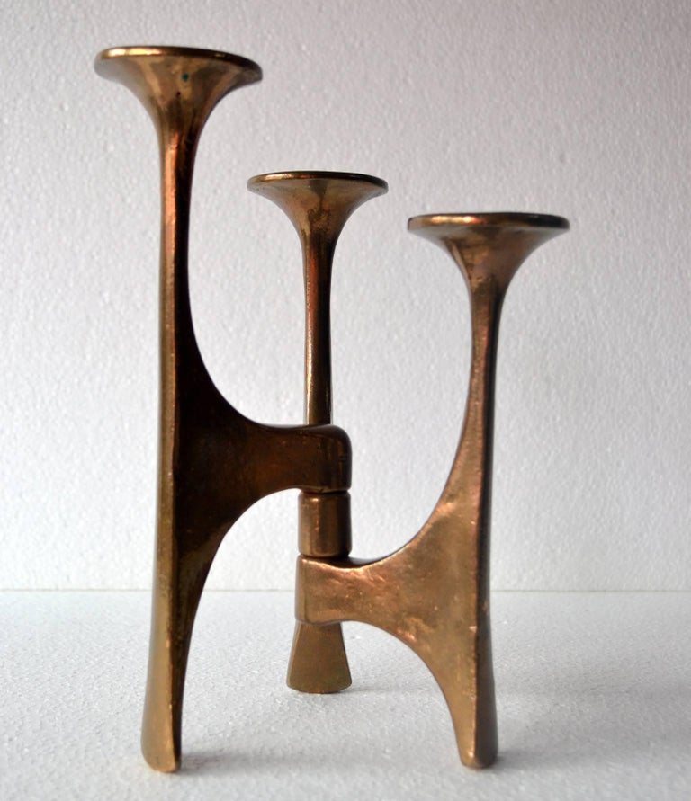 Sculptural Mid Century Modern Bronze Candleholder With Three Arms
