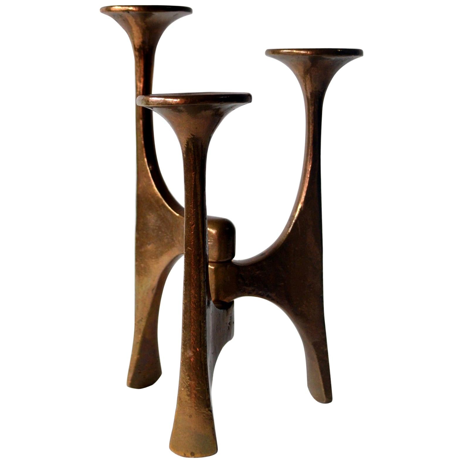 Sculptural Mid-Century Modern Bronze Candleholder with Three Arms