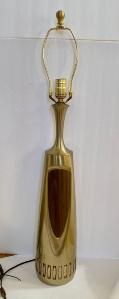 Sculptural Mid-Century Modern Brushed Brass and Walnut Wood Veneer Lamp, Laurel