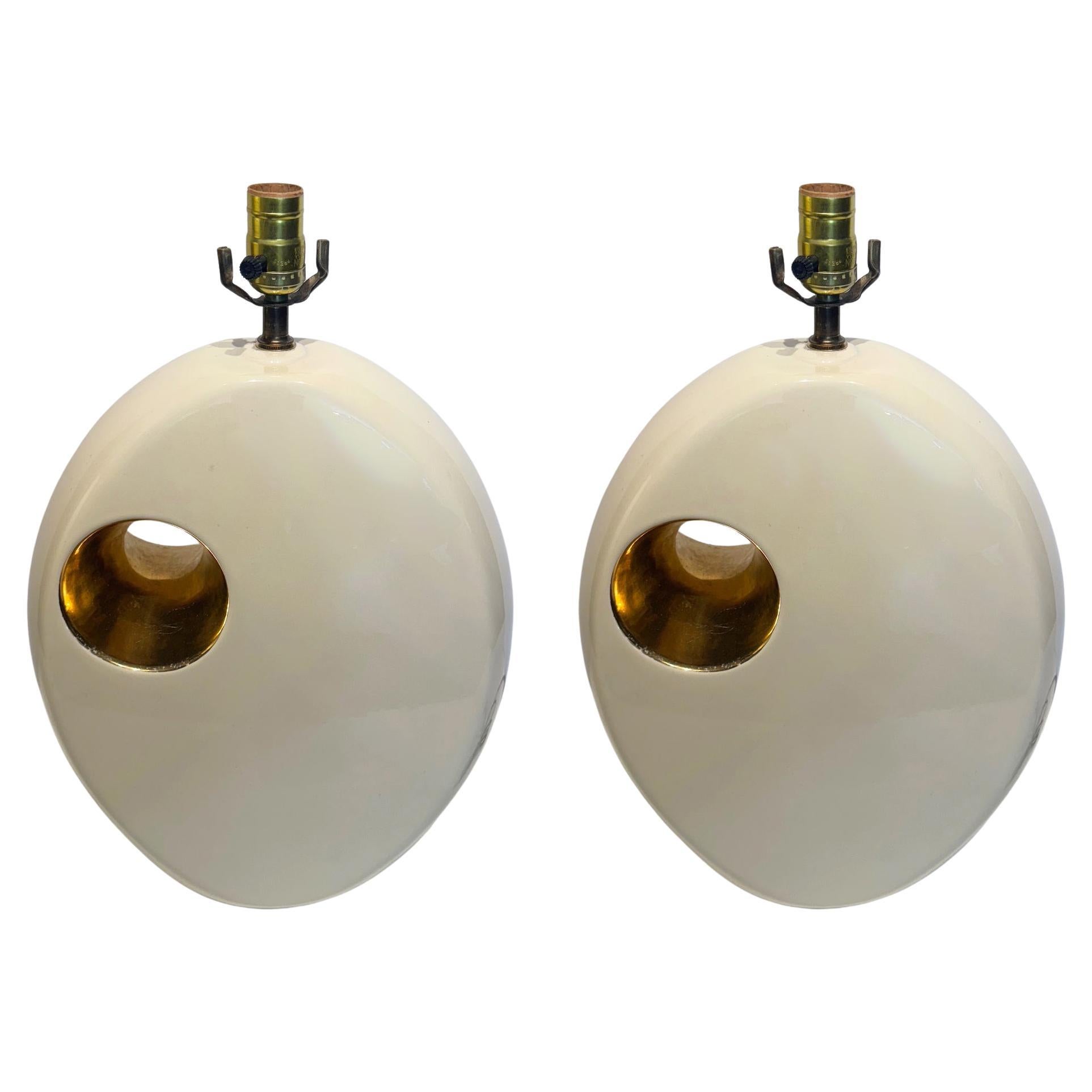 Sculptural Mid century Modern Ceramic Table Lamps with Gold Accents, Pair For Sale