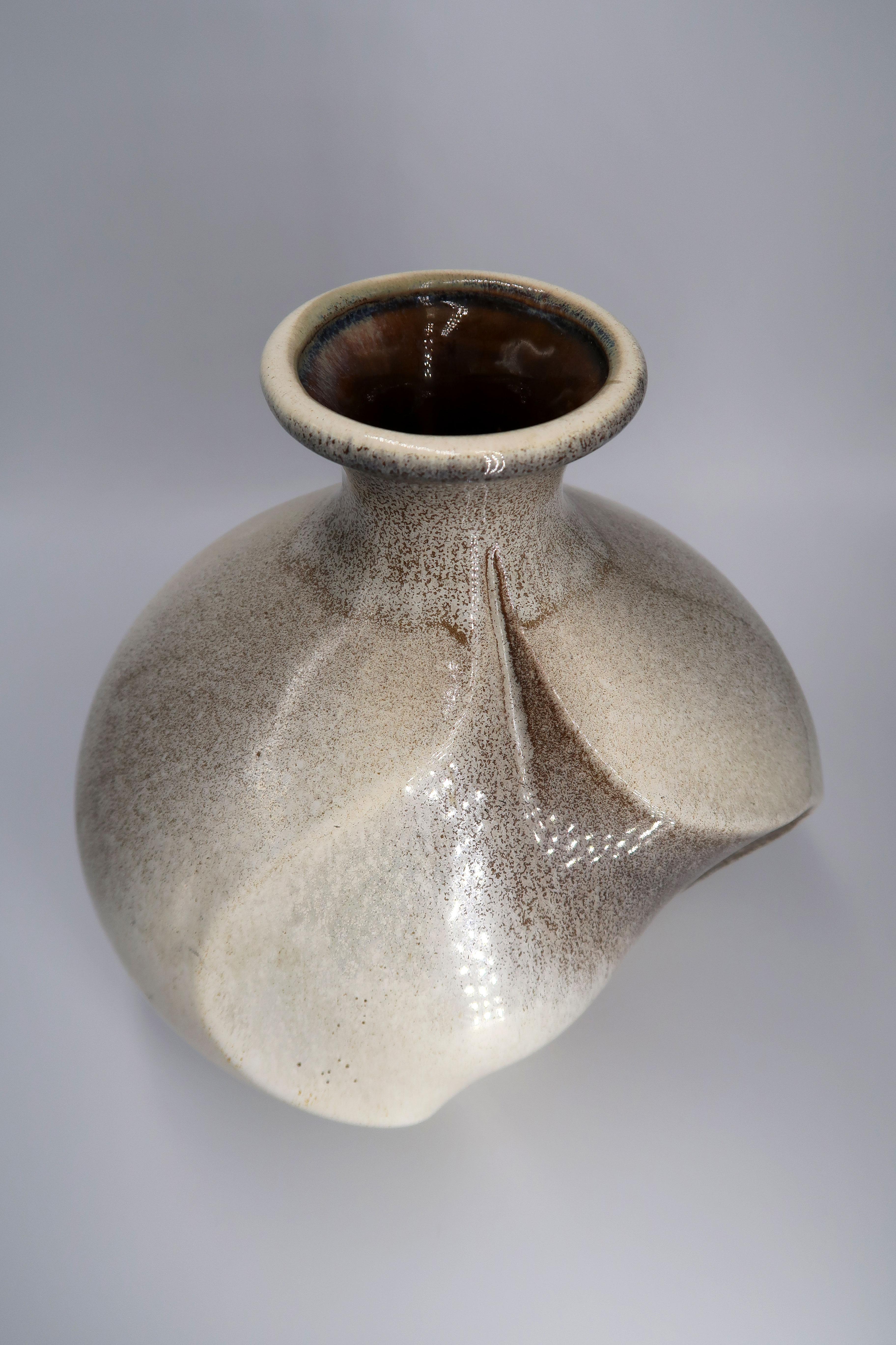Sculptural Swirling Modernist Cream, Grey, Brown Ceramic Vase For Sale 4