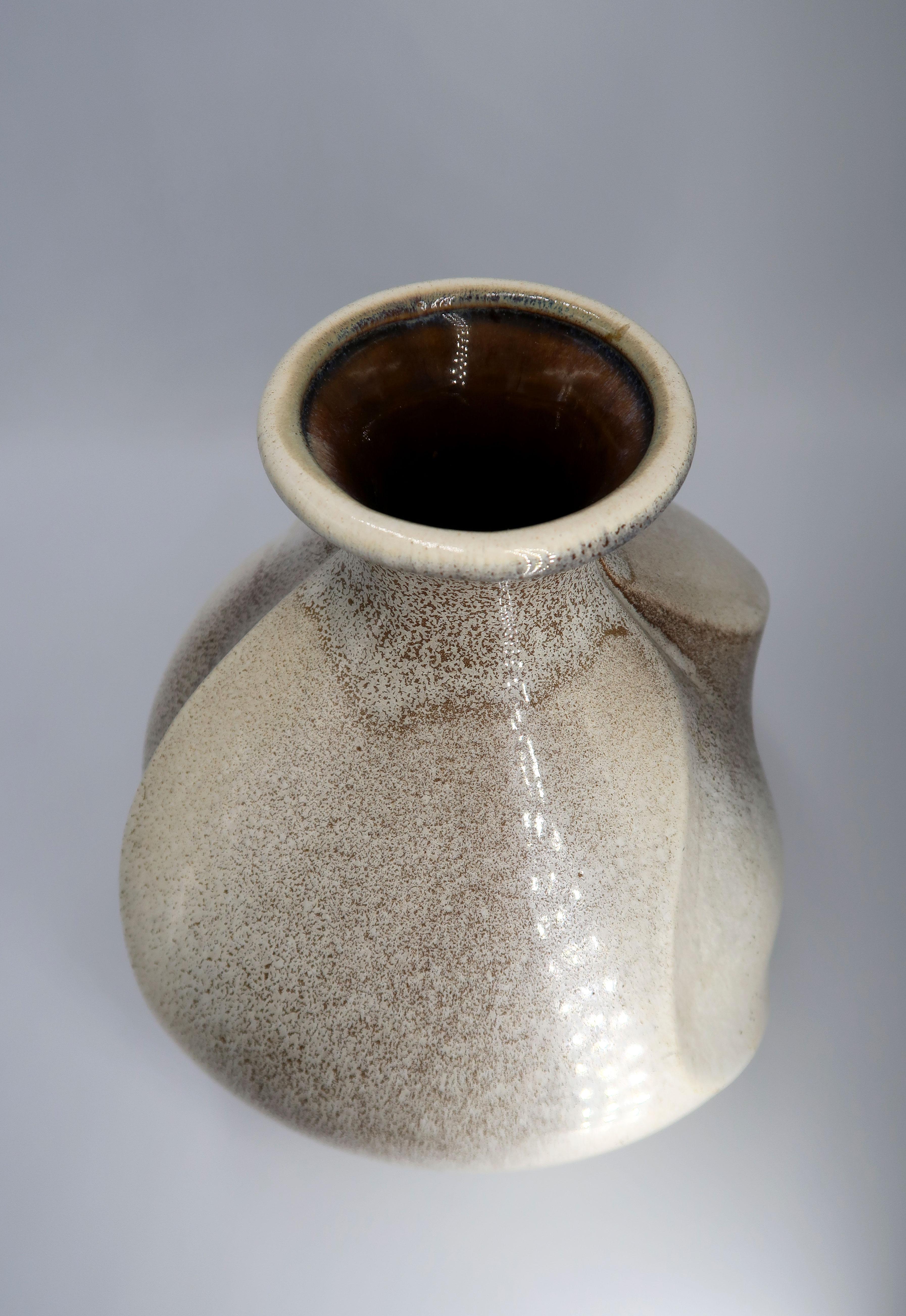 Sculptural Swirling Modernist Cream, Grey, Brown Ceramic Vase For Sale 5