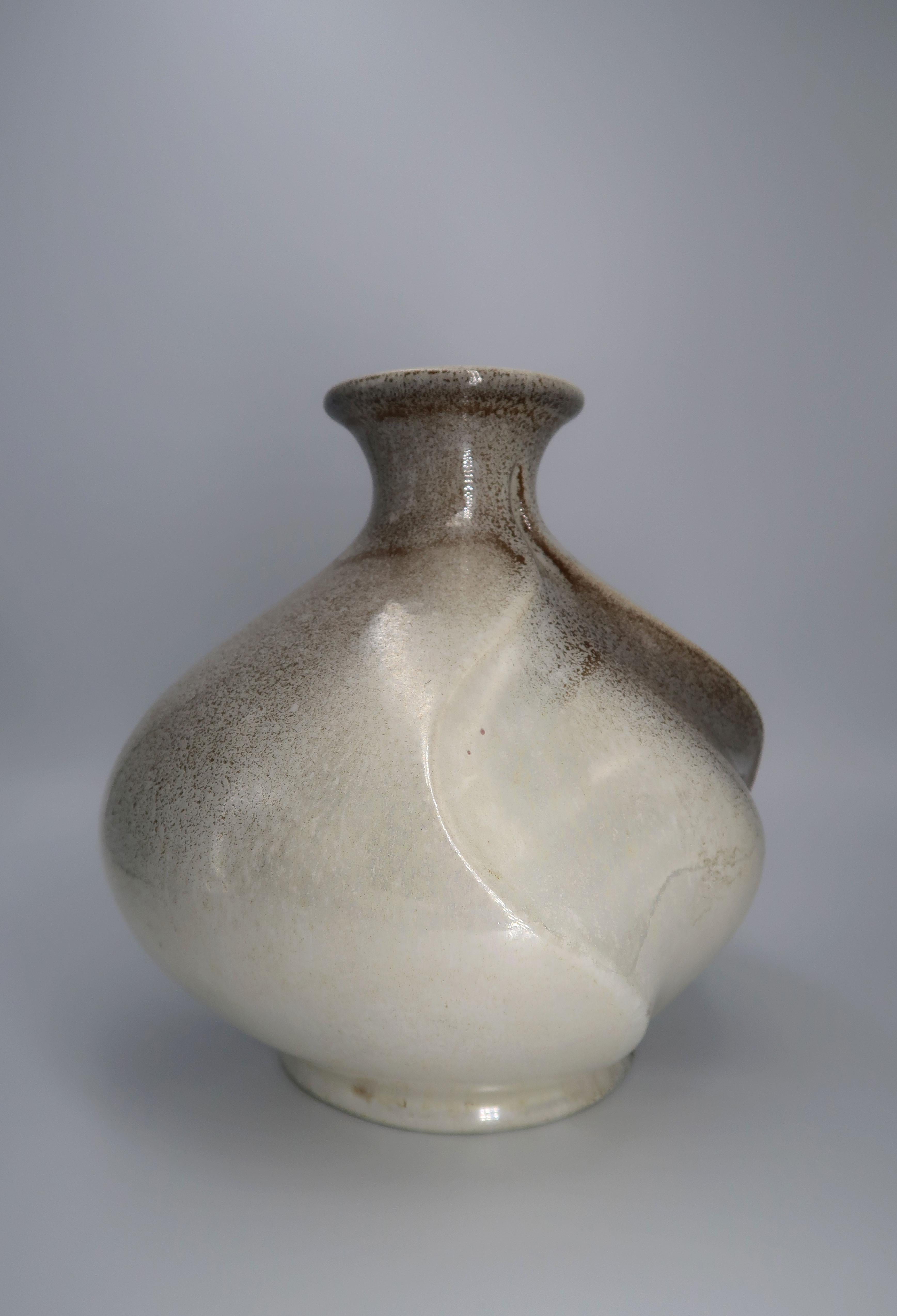 Mid-Century Modern Sculptural Swirling Modernist Cream, Grey, Brown Ceramic Vase For Sale