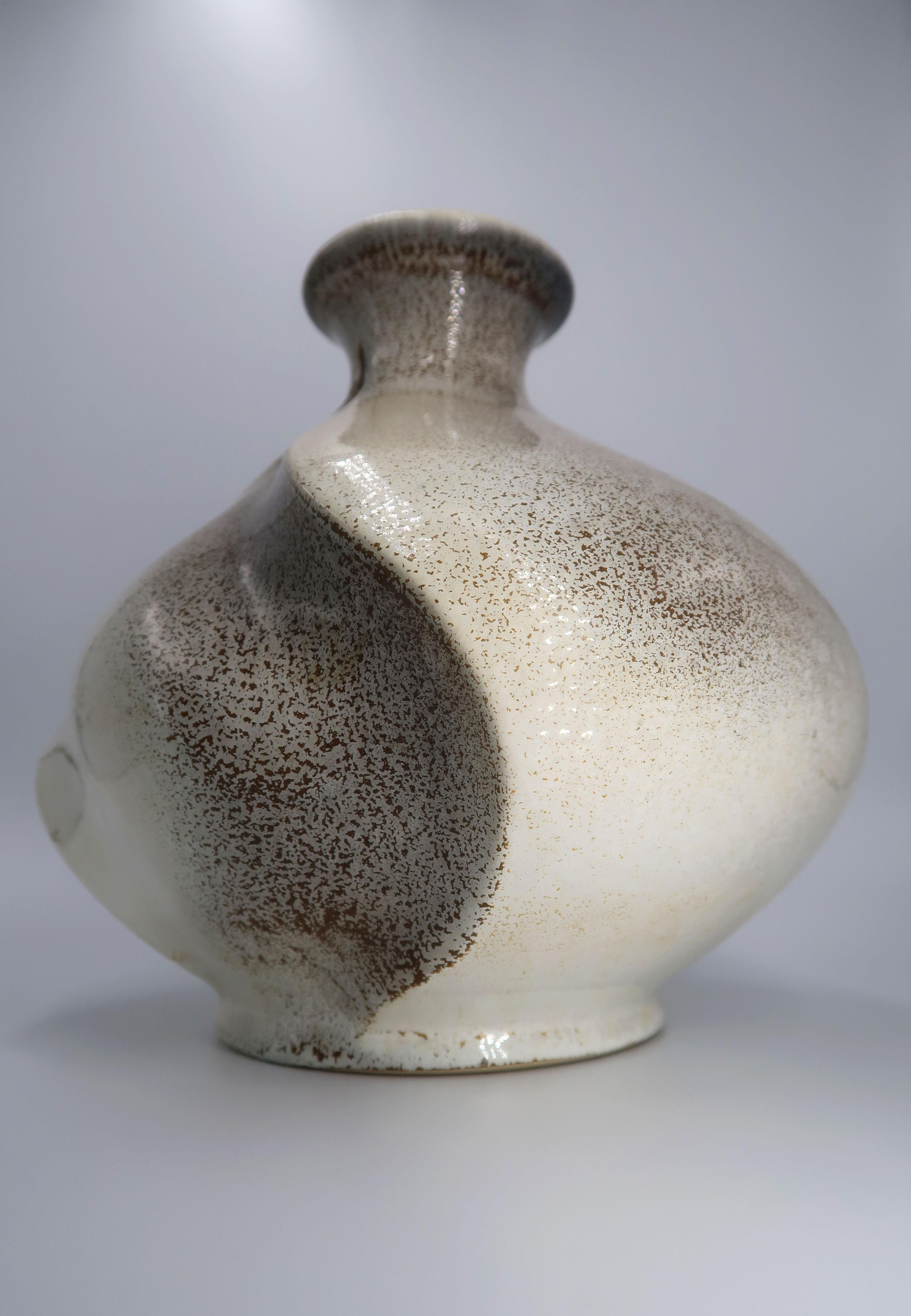 Glazed Sculptural Swirling Modernist Cream, Grey, Brown Ceramic Vase For Sale