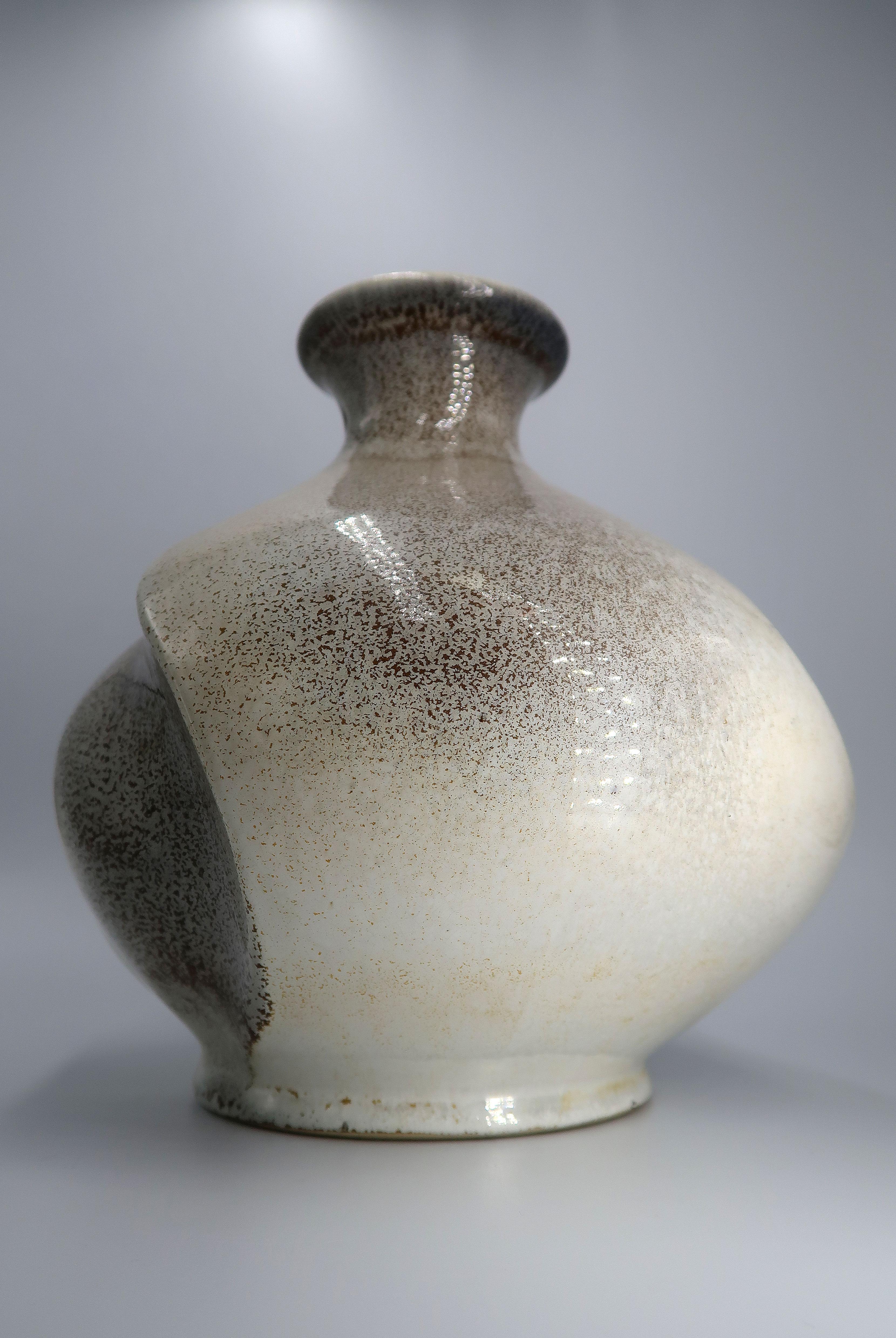 20th Century Sculptural Swirling Modernist Cream, Grey, Brown Ceramic Vase For Sale
