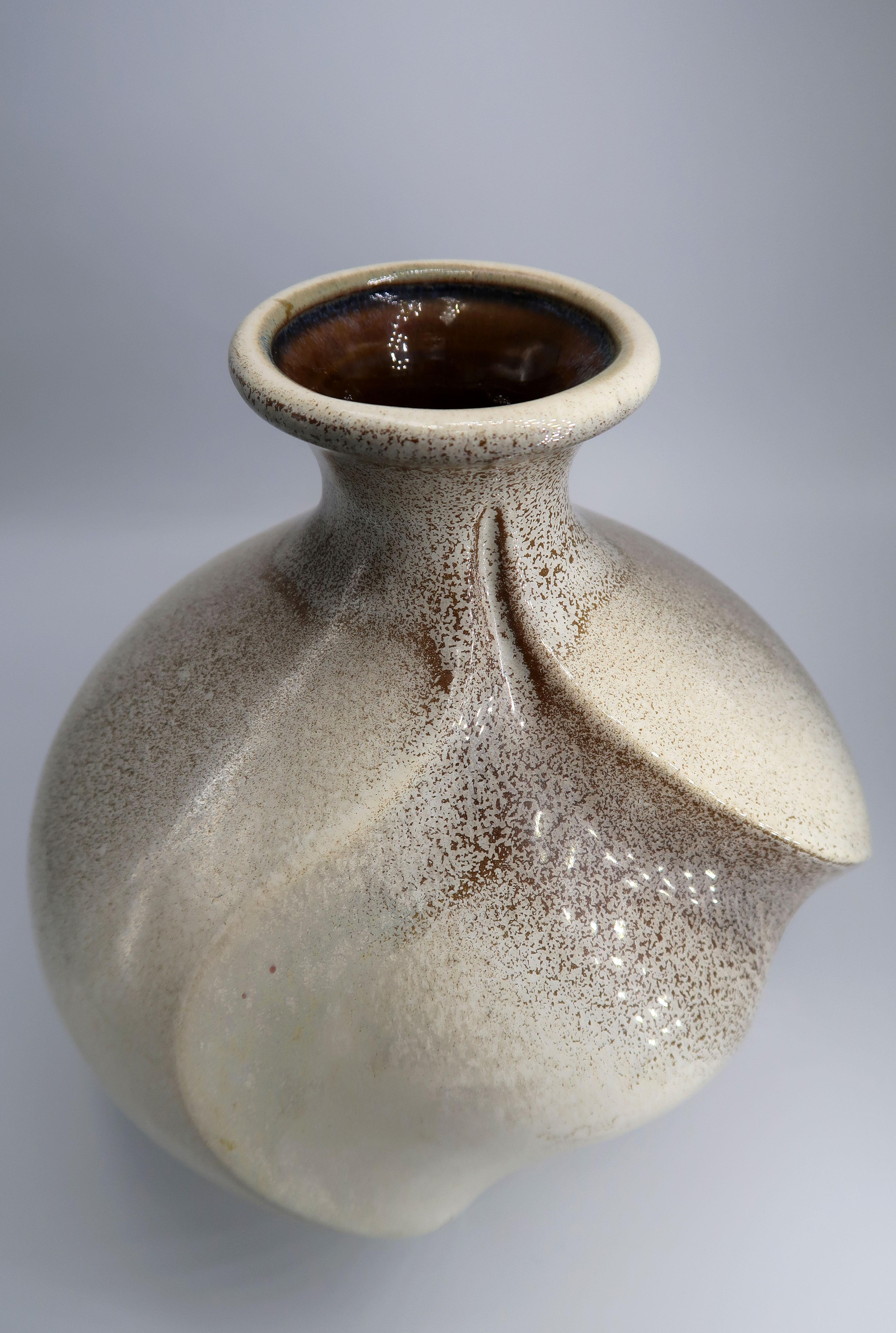 Sculptural Swirling Modernist Cream, Grey, Brown Ceramic Vase For Sale 1