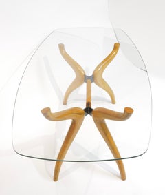 Sculptural Mid-Century Modern Glass-Top Dining Table with Curved Wood Base