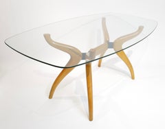 Sculptural Mid-Century Modern Glass-Top Dining Table with Curved Wood Base