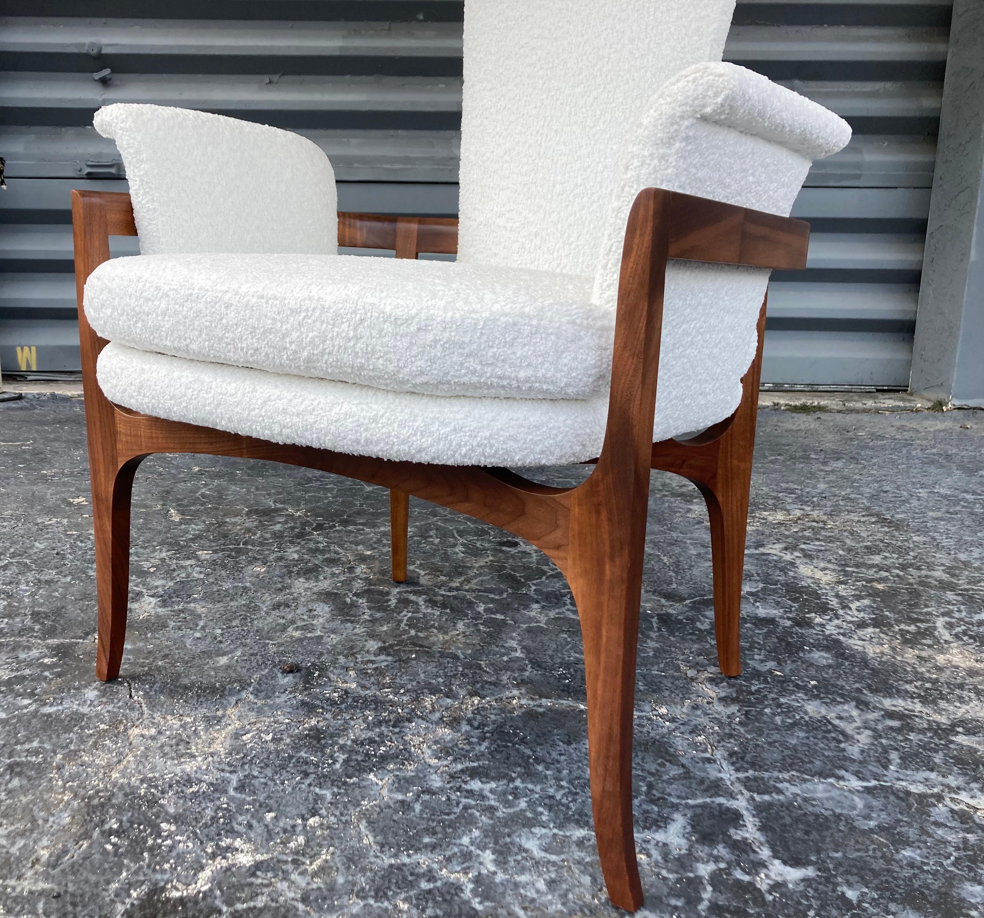 Sculptural Mid-Century Modern Lounge Chairs, Walnut and White Boucle Fabric For Sale 14