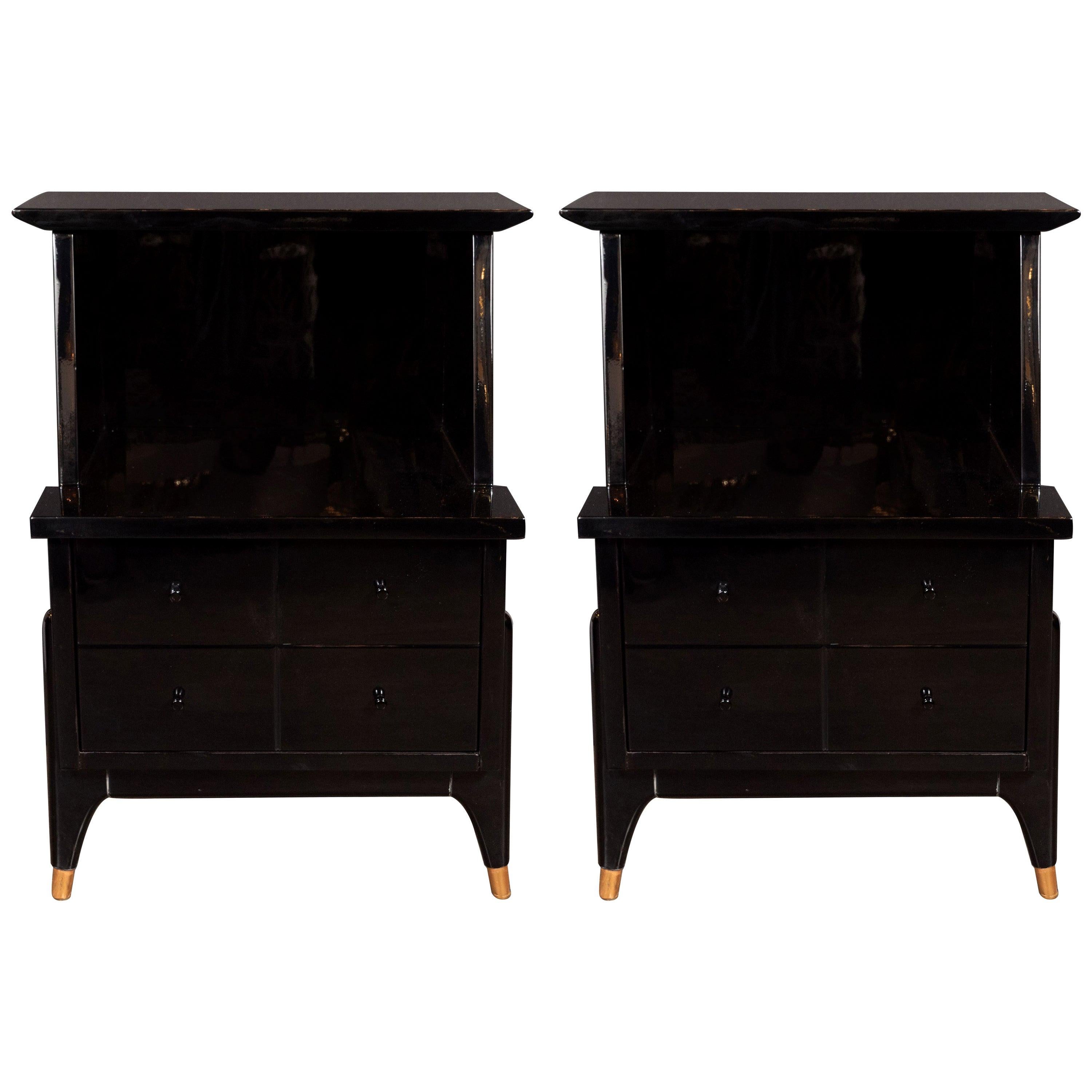 Sculptural Mid-Century Modern Nightstands/ End Tables with Brass Sabots