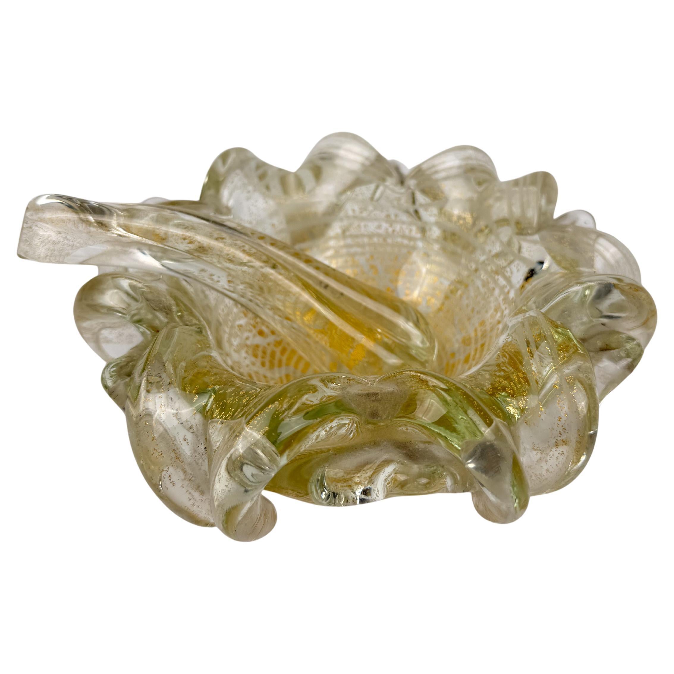 Sculptural Mid-Century Murano Glass Ashtray with Gold Flecks, Barovier style