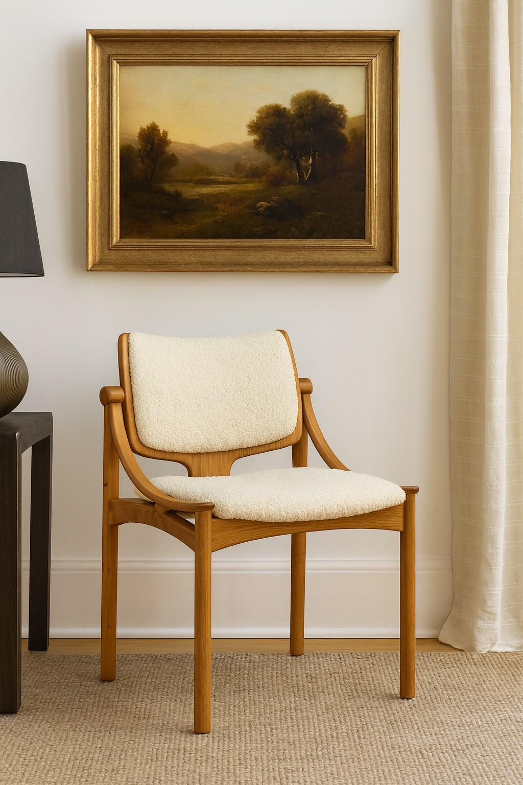 This contemporary dining chair is a refined expression of minimalist design. The walnut wood frame showcases a smooth, natural finish, while the gently curved backrest ensures both style and ergonomic support. Upholstered in plush bouclé, the seat