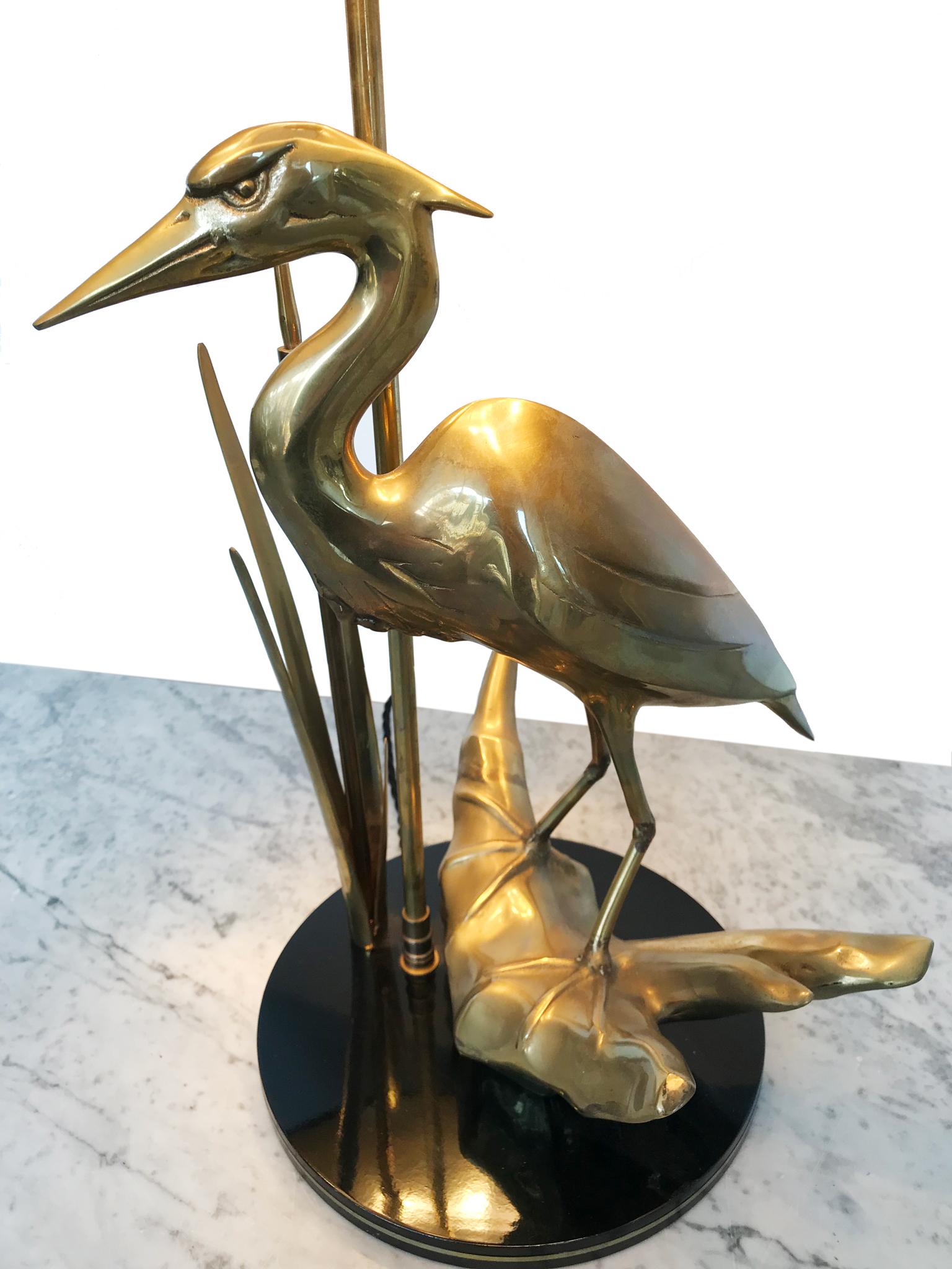 French MIDCENTURY SCULPTURAL LAMP in Brass with Heron 1969 Hollywood Regency Style
