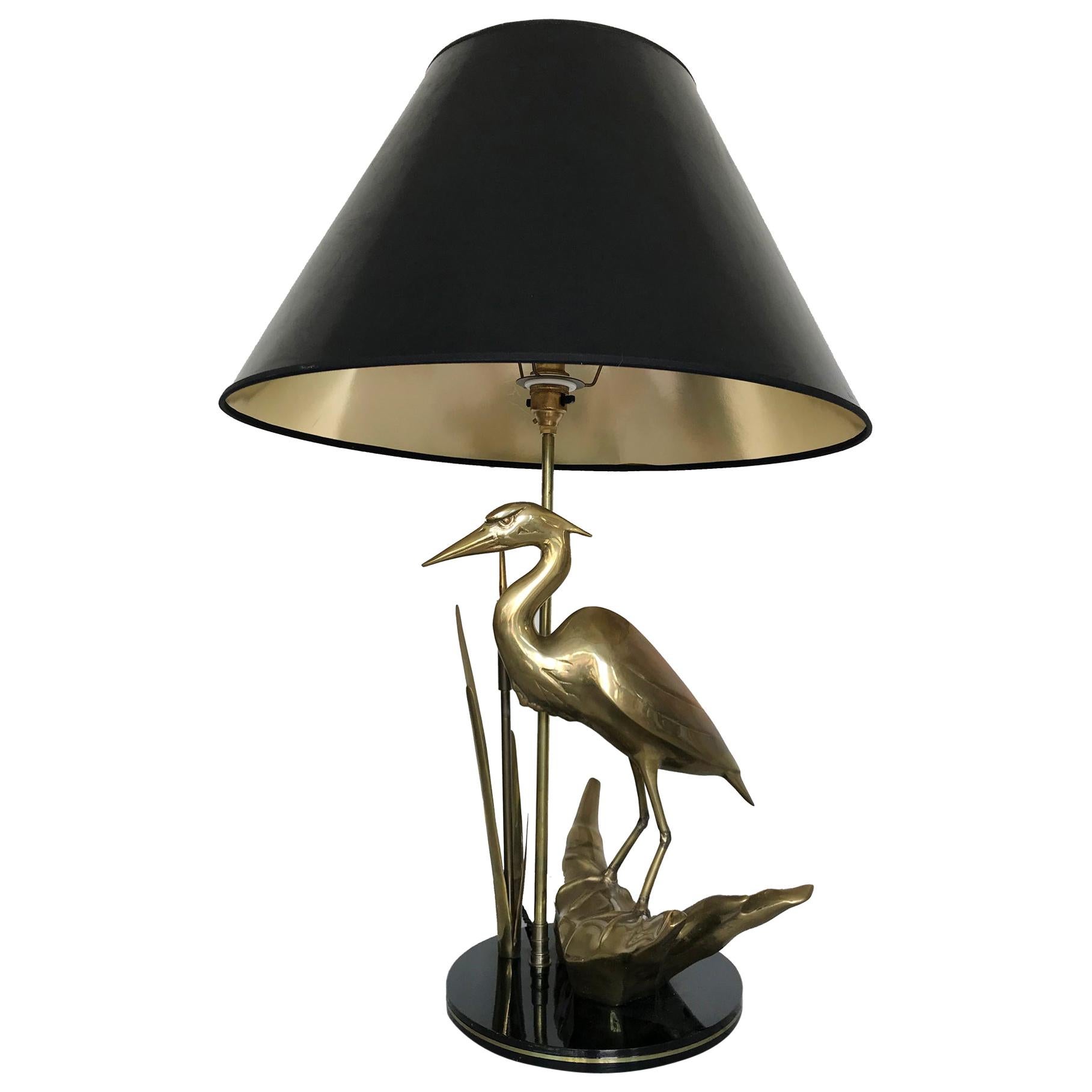 MIDCENTURY SCULPTURAL LAMP in Brass with Heron 1969 Hollywood Regency Style