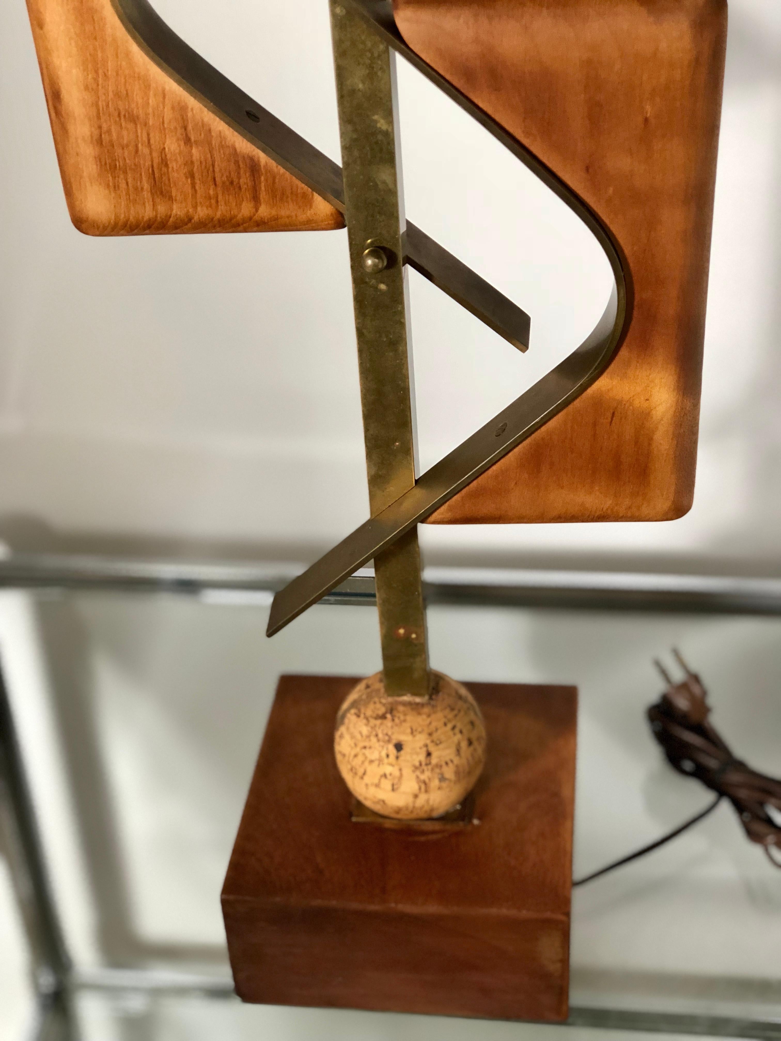 Sculptural Midcentury Lamp of Walnut, Brass, and Cork 5