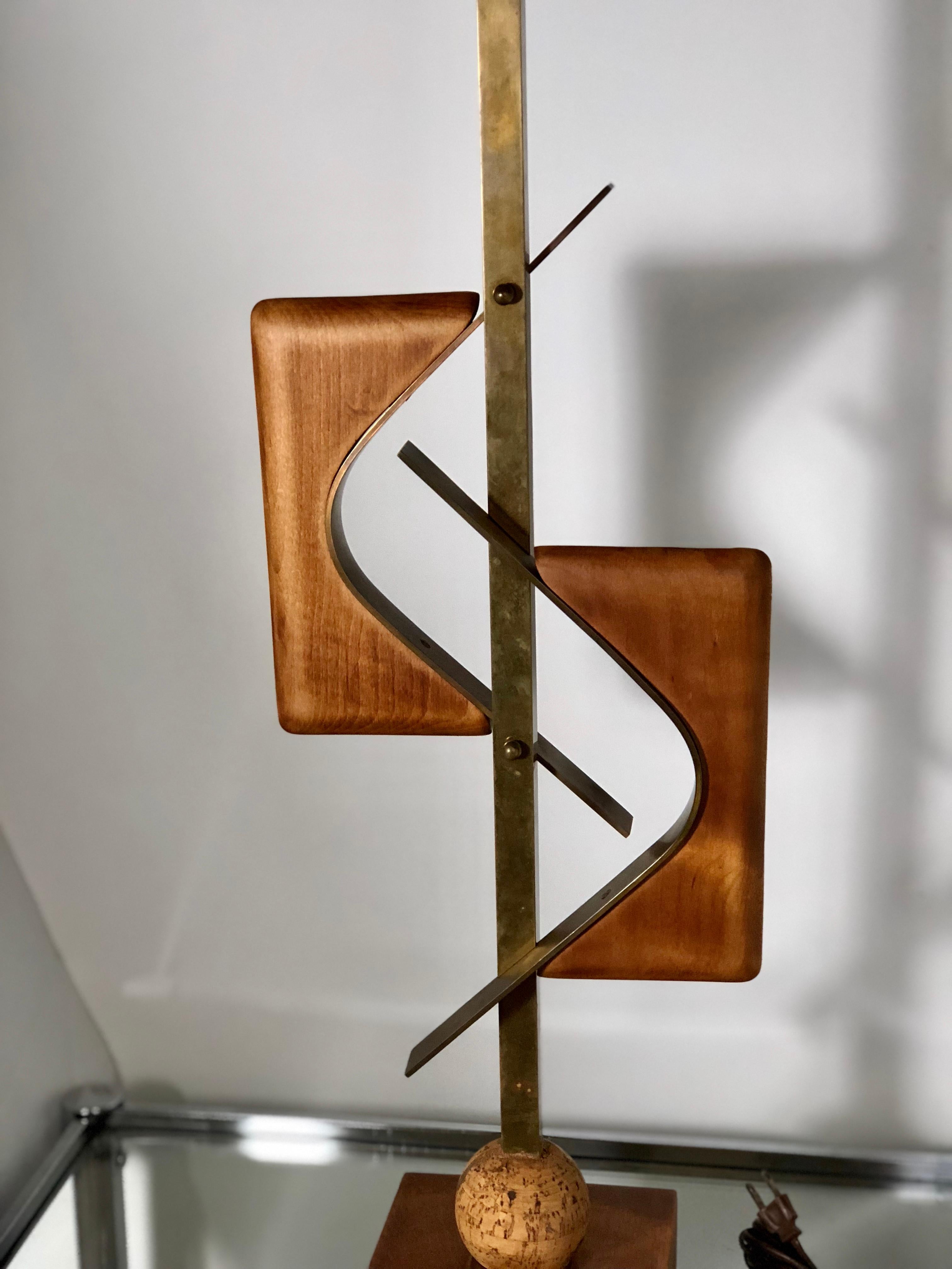 Mid-Century Modern Sculptural Midcentury Lamp of Walnut, Brass, and Cork