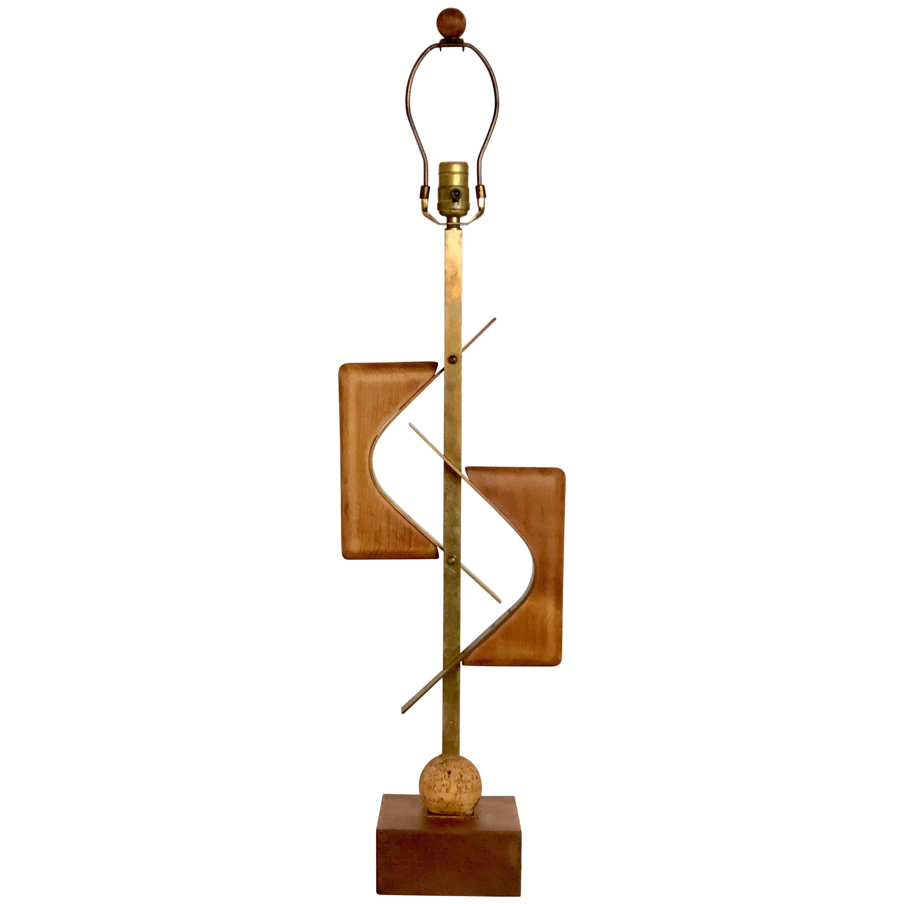 Sculptural Midcentury Lamp of Walnut, Brass, and Cork