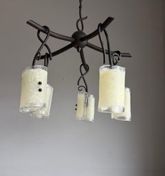 Sculptural Midcentury Modern Five-Light Chandelier with Textured Art Glass