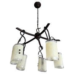 Sculptural Midcentury Modern Five-Light Chandelier with Textured Art Glass