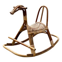 Sculptural Mid-Century Modern Italian Wicker Rattan Rocking Horse, Franco Albini