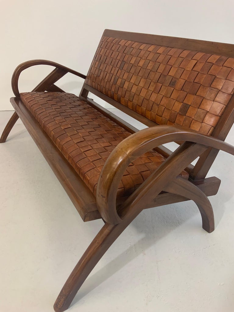 Sculptural Midcentury Scandinavian Vintage Woven Leather Bench Lounge