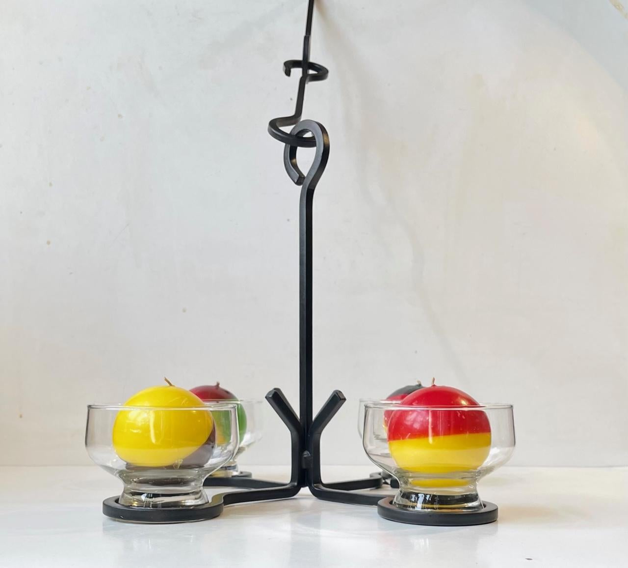 Scandinavian Modern Sculptural Midcentury Suspended Candle Chandelier in Black Iron by Dantofte For Sale
