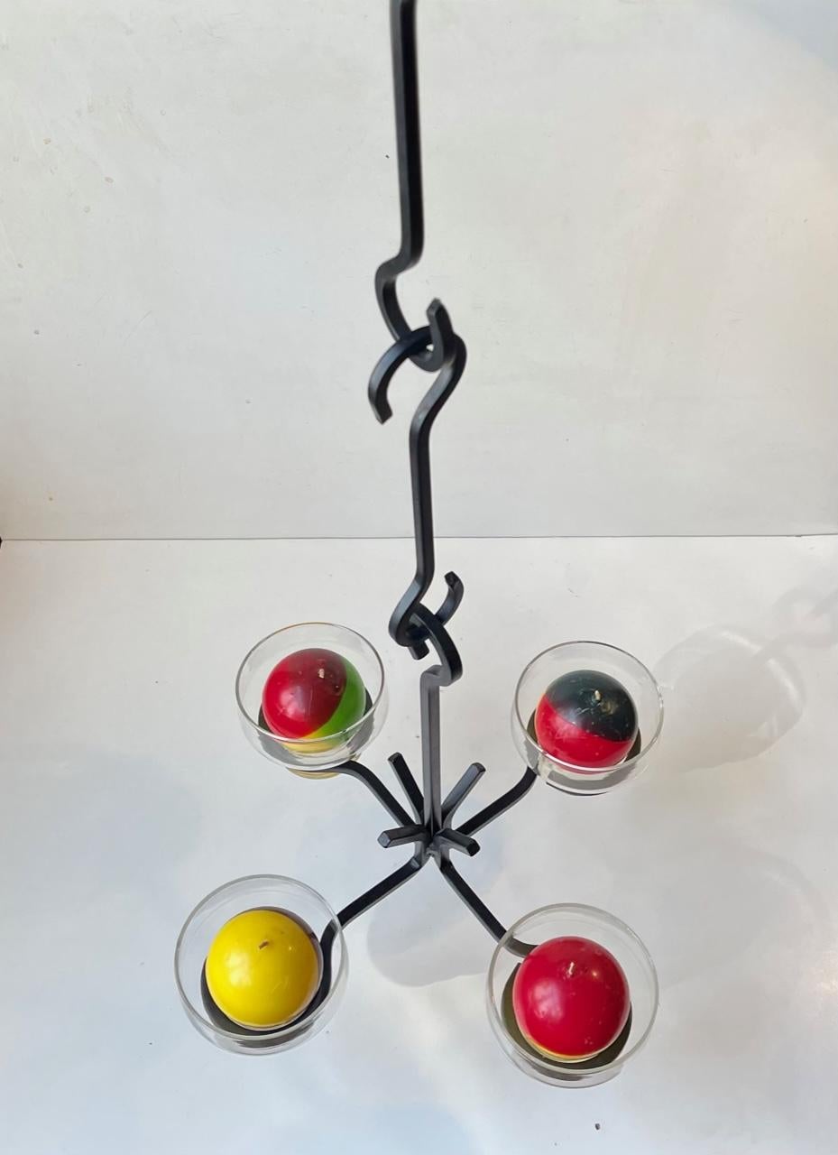 Danish Sculptural Midcentury Suspended Candle Chandelier in Black Iron by Dantofte For Sale