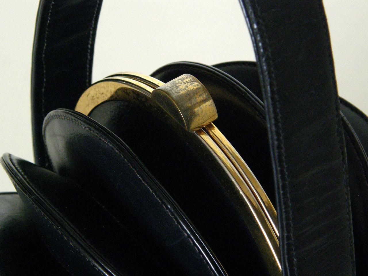 Women's Sculptural Midnight Blue Leather Accordion Top Handbag Patented in 1949 by Bogan