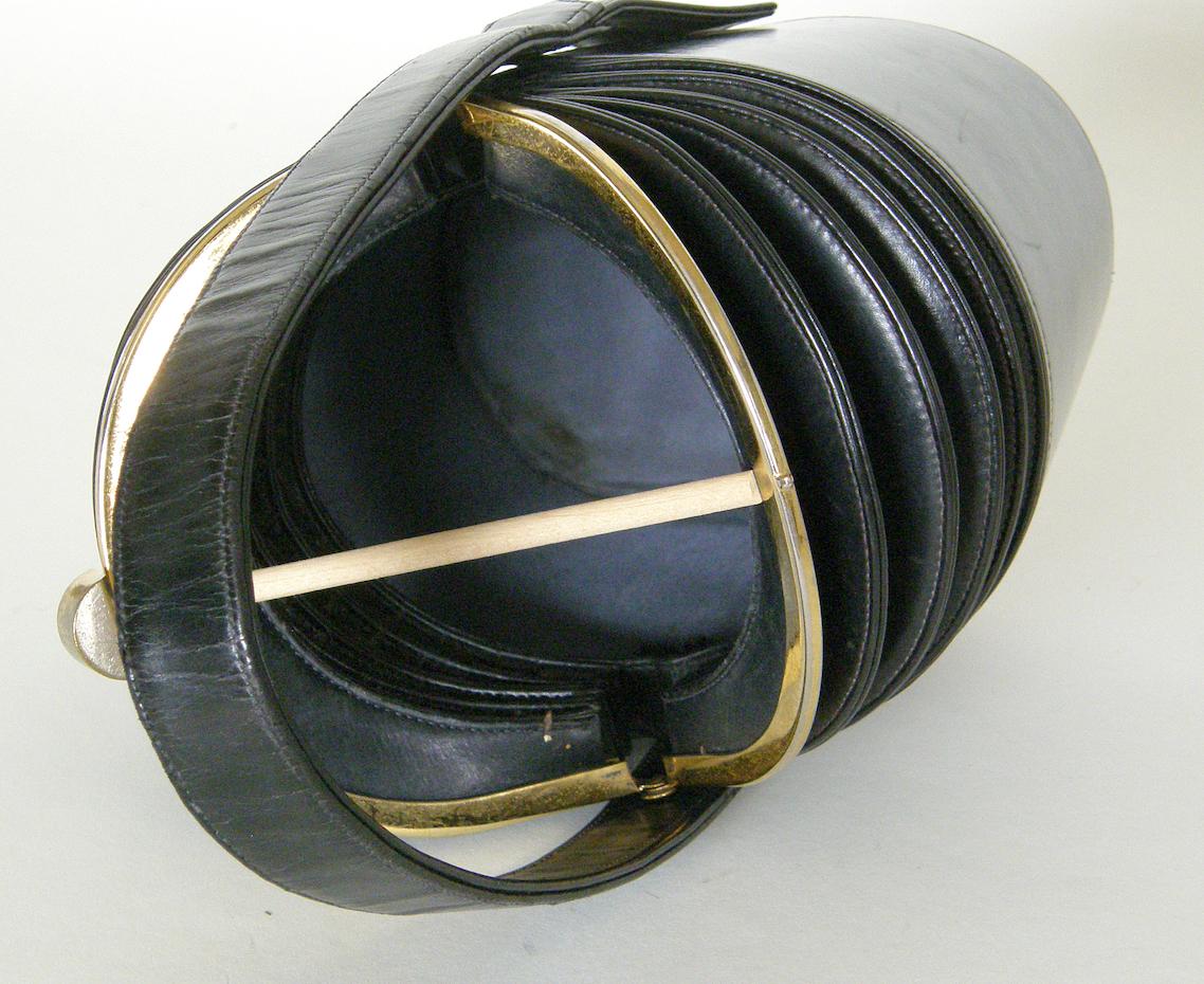 Sculptural Midnight Blue Leather Accordion Top Handbag Patented in 1949 by Bogan 1