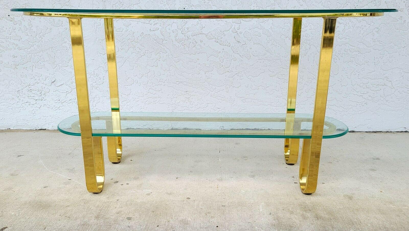 Sculptural Milo Baughman Style Brass Glass Console Sofa Table In Good Condition In Lake Worth, FL